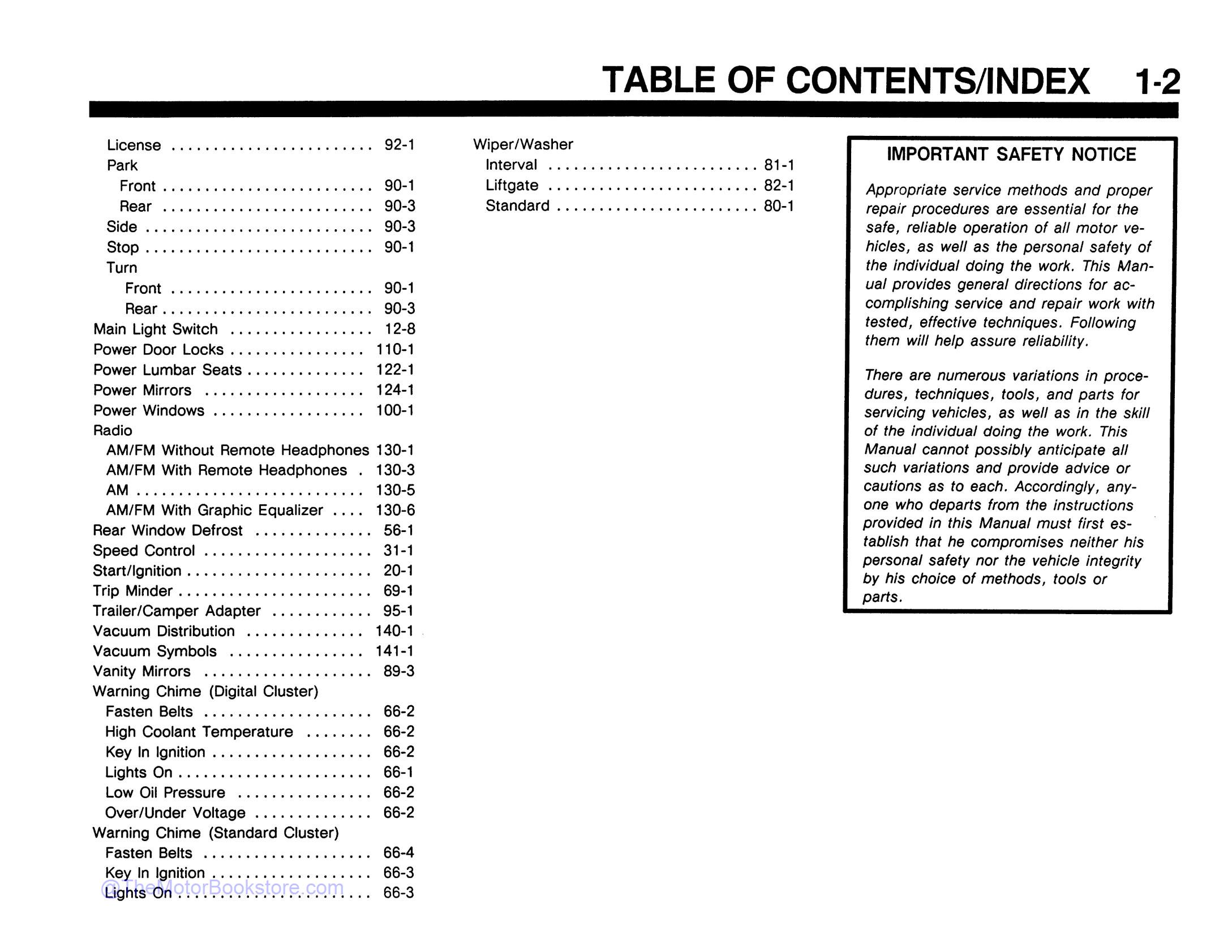 1990 Ford Aerostar Electrical / Vacuum Diagnosis Manual  - Table of Contents 2