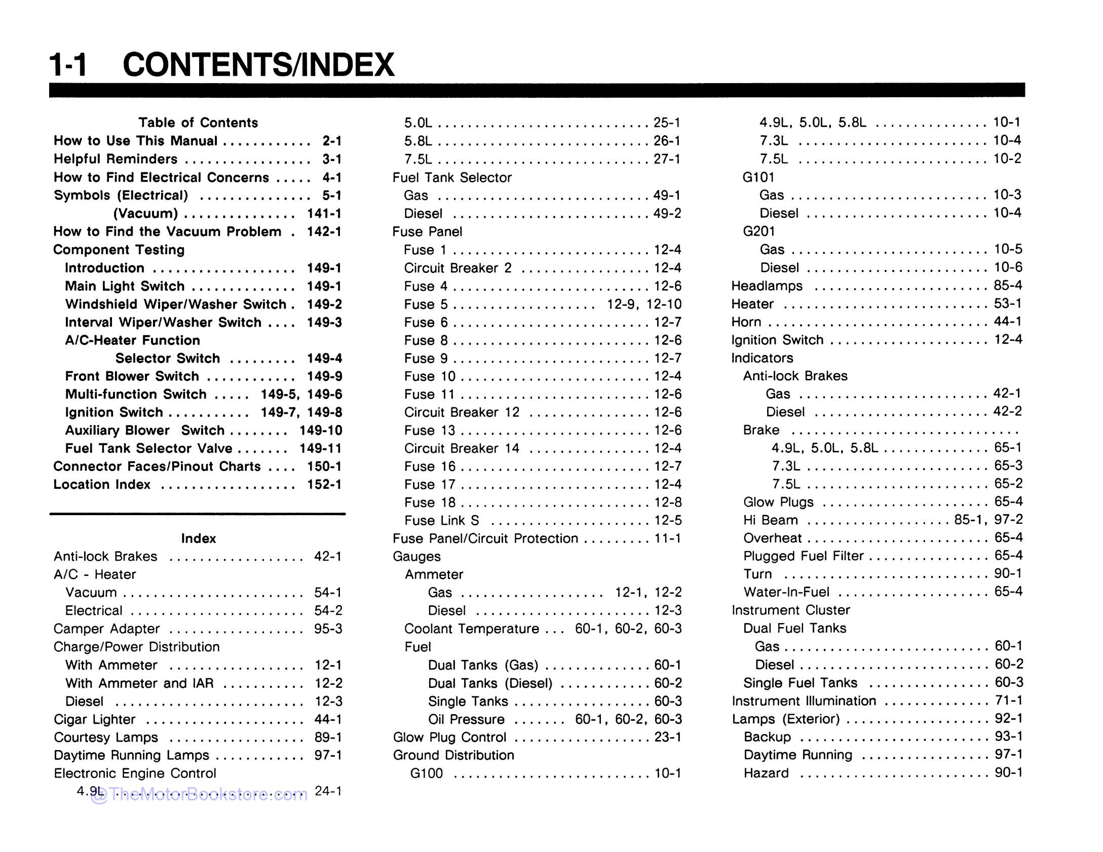 1990 Ford Econoline Electrical / Vacuum Diagnosis Manual  - Table of Contents 1