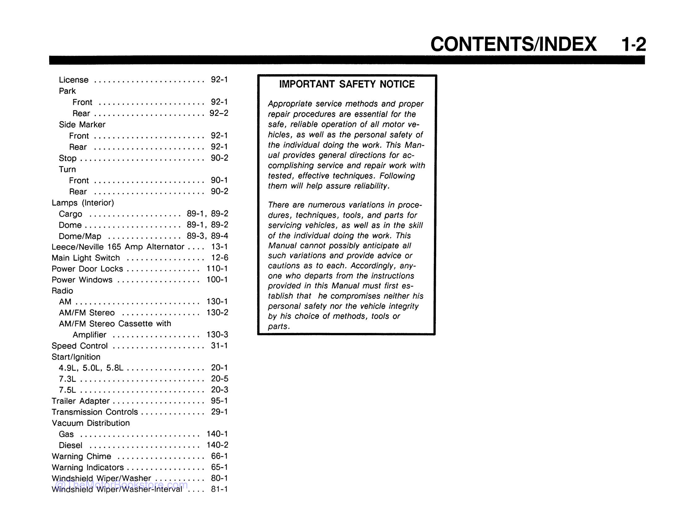 1990 Ford Econoline Electrical / Vacuum Diagnosis Manual  - Table of Contents 2