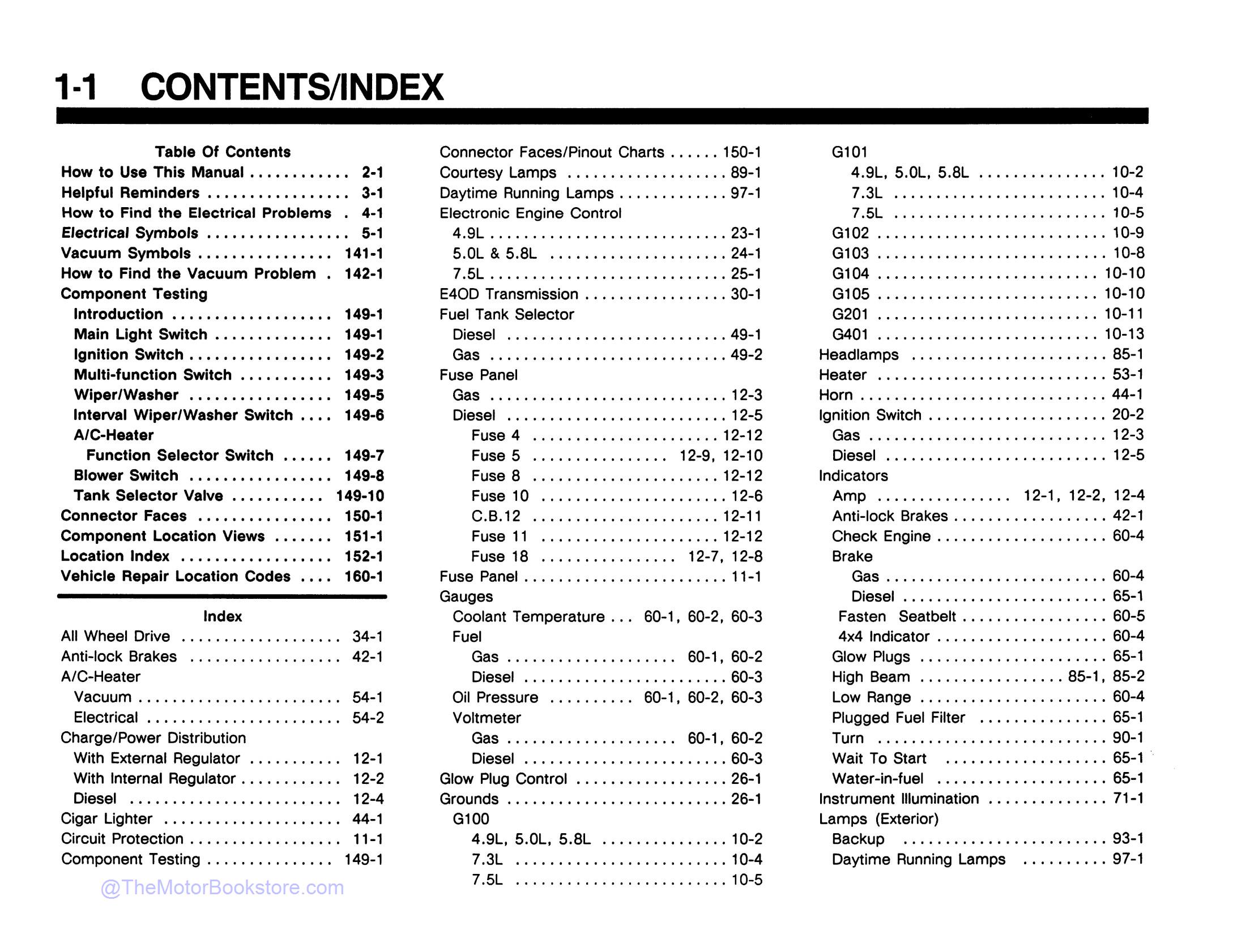 1990 Ford F-Series Truck & Bronco Electrical Vacuum Manual  - Table of Contents 1