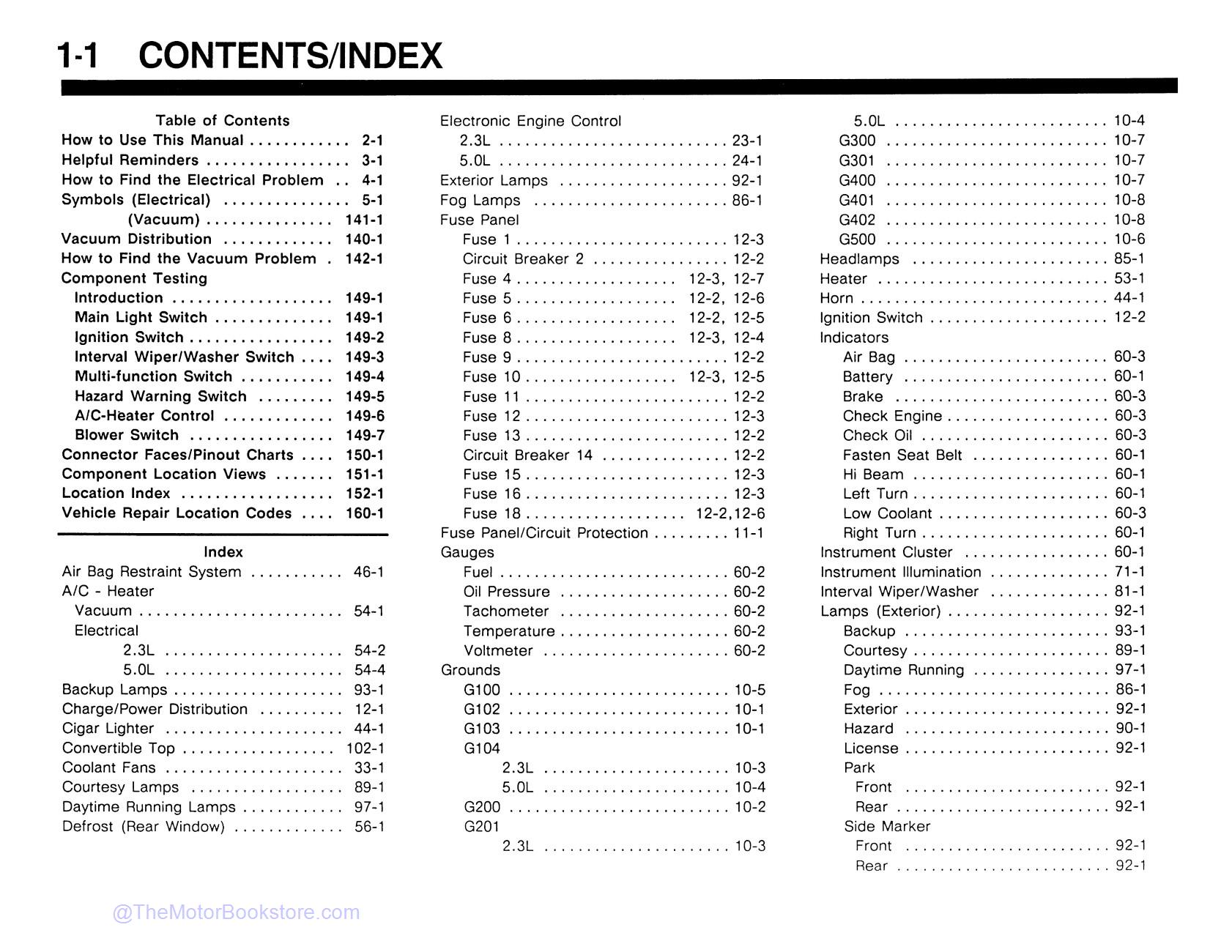 1990 Ford Mustang Electrical & Vacuum Troubleshooting Manual  - Table of Contents 1