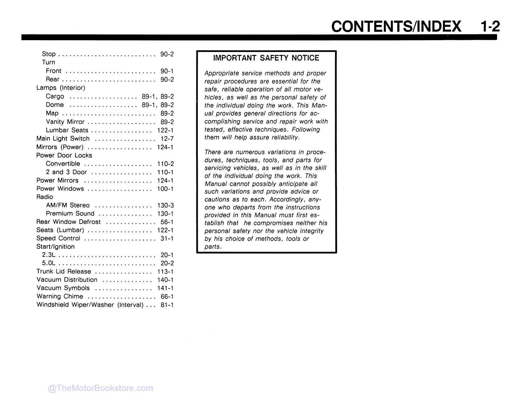 1990 Ford Mustang Electrical & Vacuum Troubleshooting Manual  - Table of Contents 2