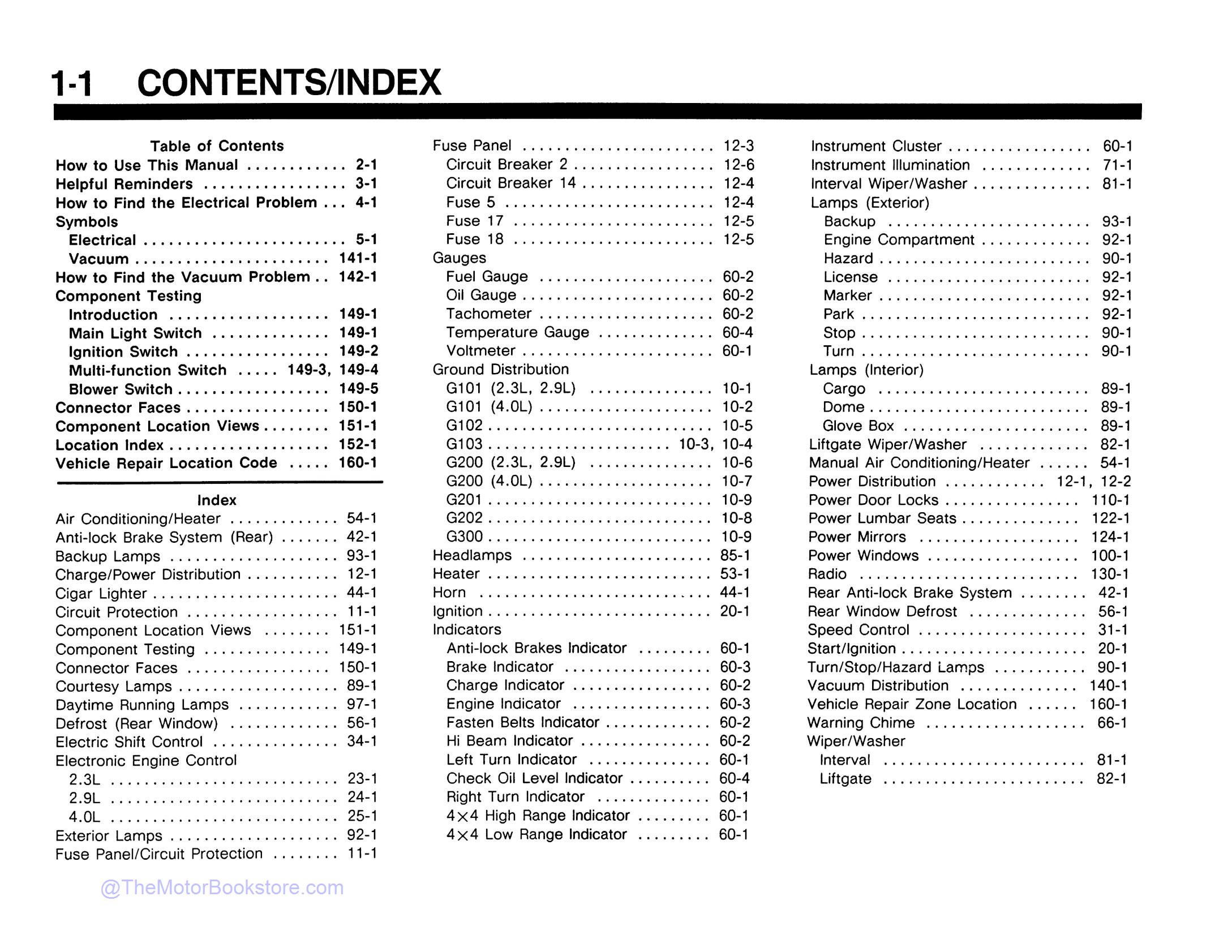 1990 Ford Ranger / Bronco II Electrical / Vacuum Manual  - Table of Contents