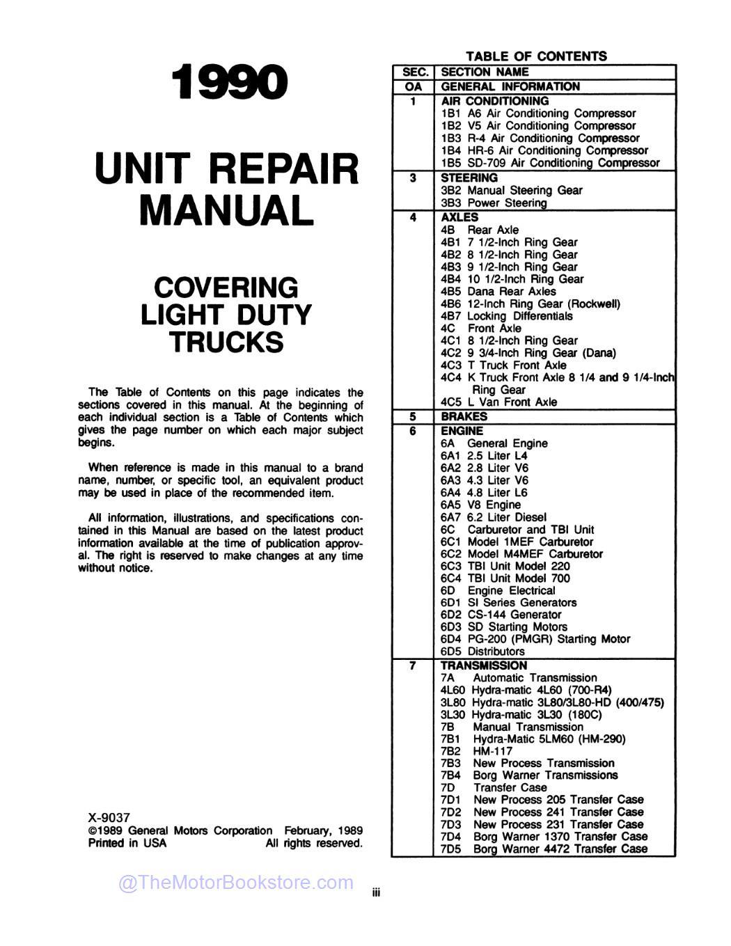 1990 GMC Light Duty Truck Unit Repair Manual  - Table of Contents