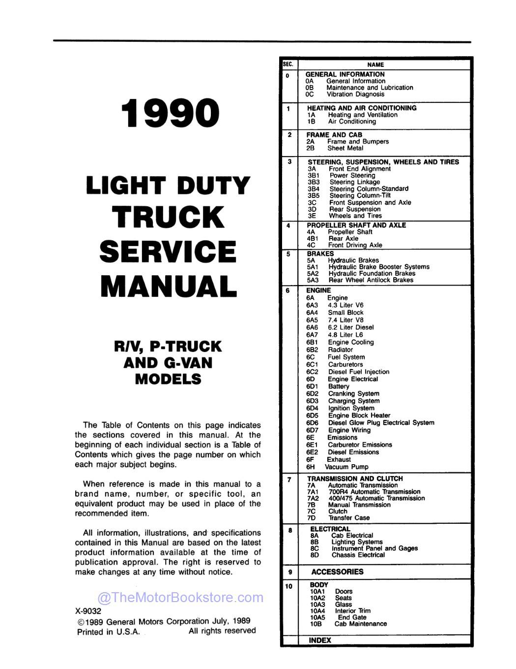 1990 GMC R-V Truck, G-P Van Shop Manual  - Table of Contents 1