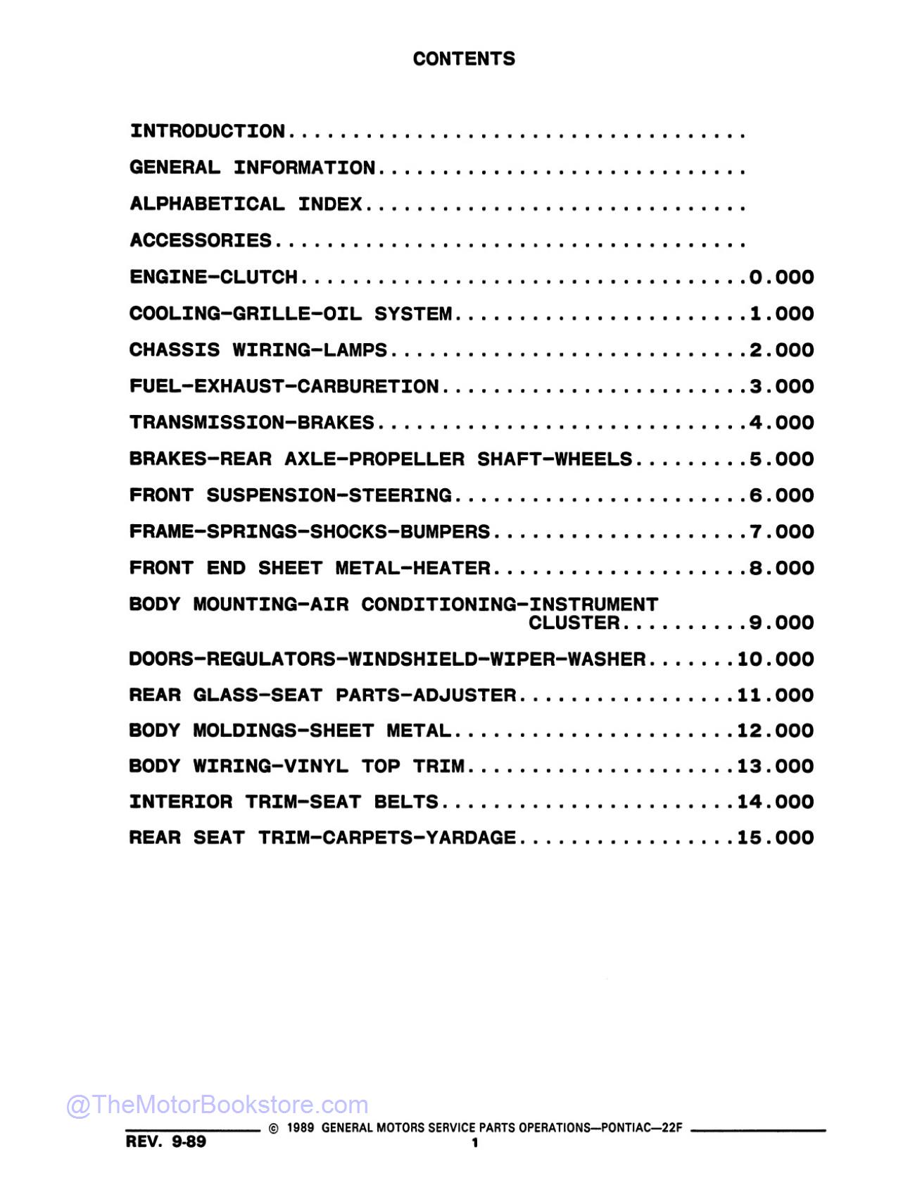 1990 Pontiac Firebird Parts & Illustrations Catalog  - Table of Contents 1