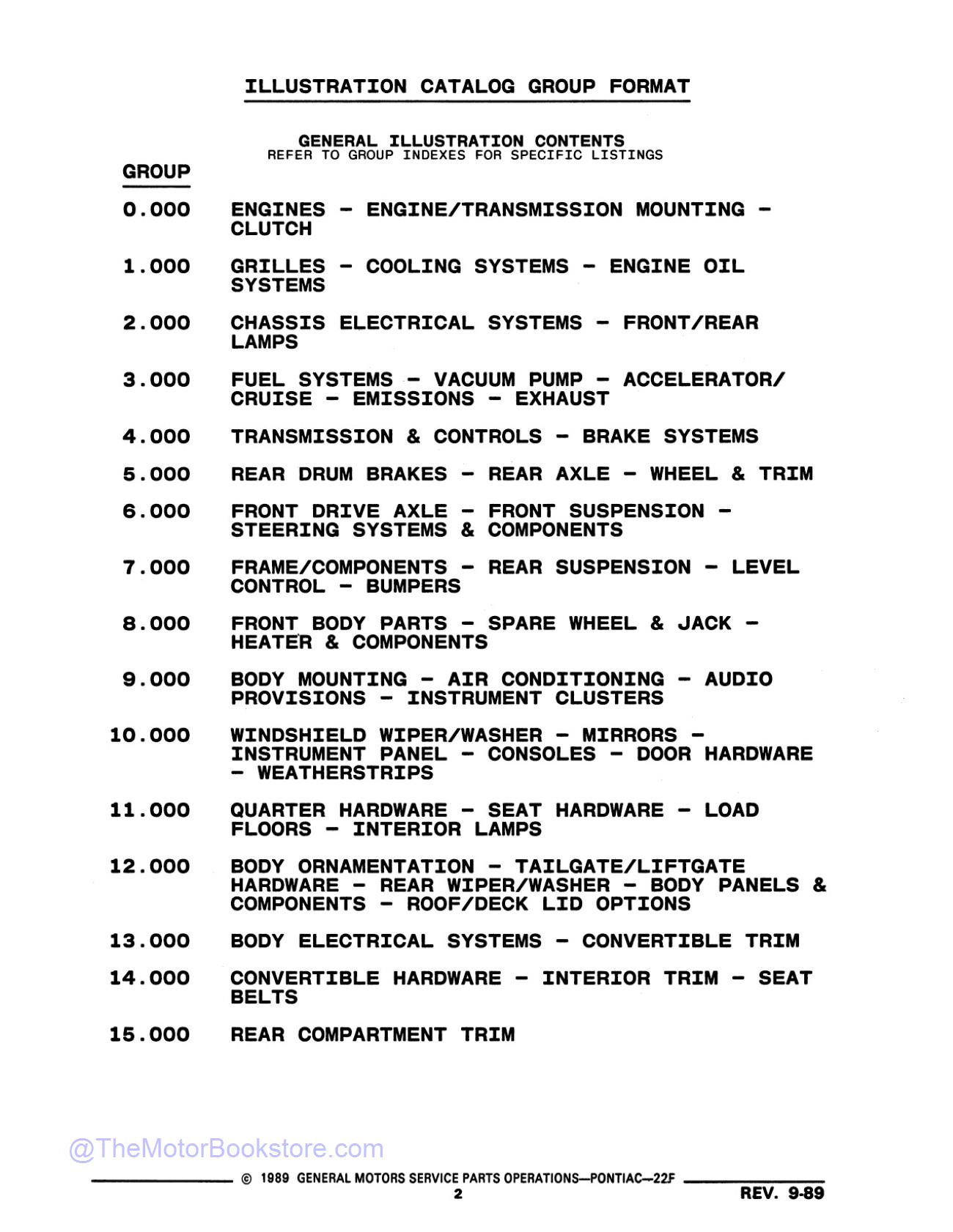 1990 Pontiac Firebird Parts & Illustrations Catalog  - Table of Contents 2