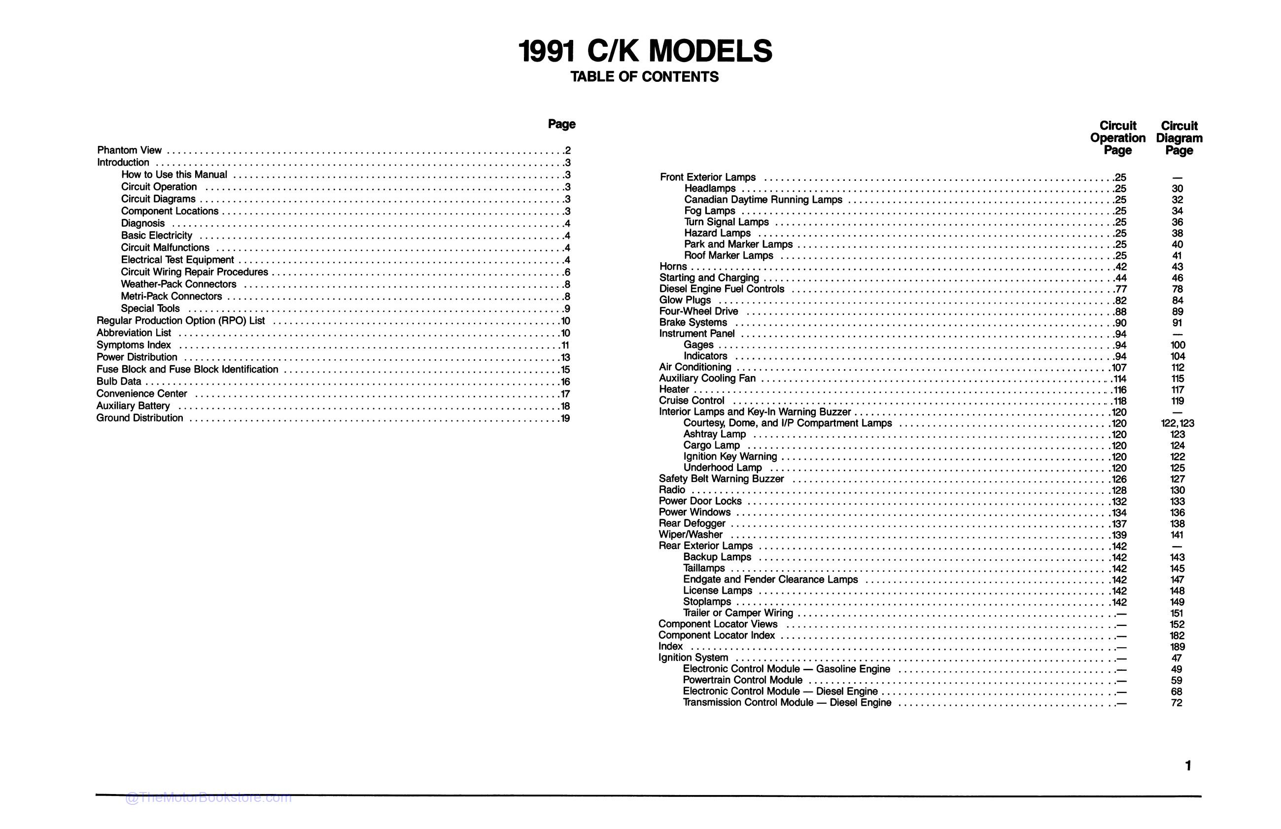 1991 Chevrolet C-K Truck Electrical Diagnosis & Wiring Diagrams  - Table of Contents