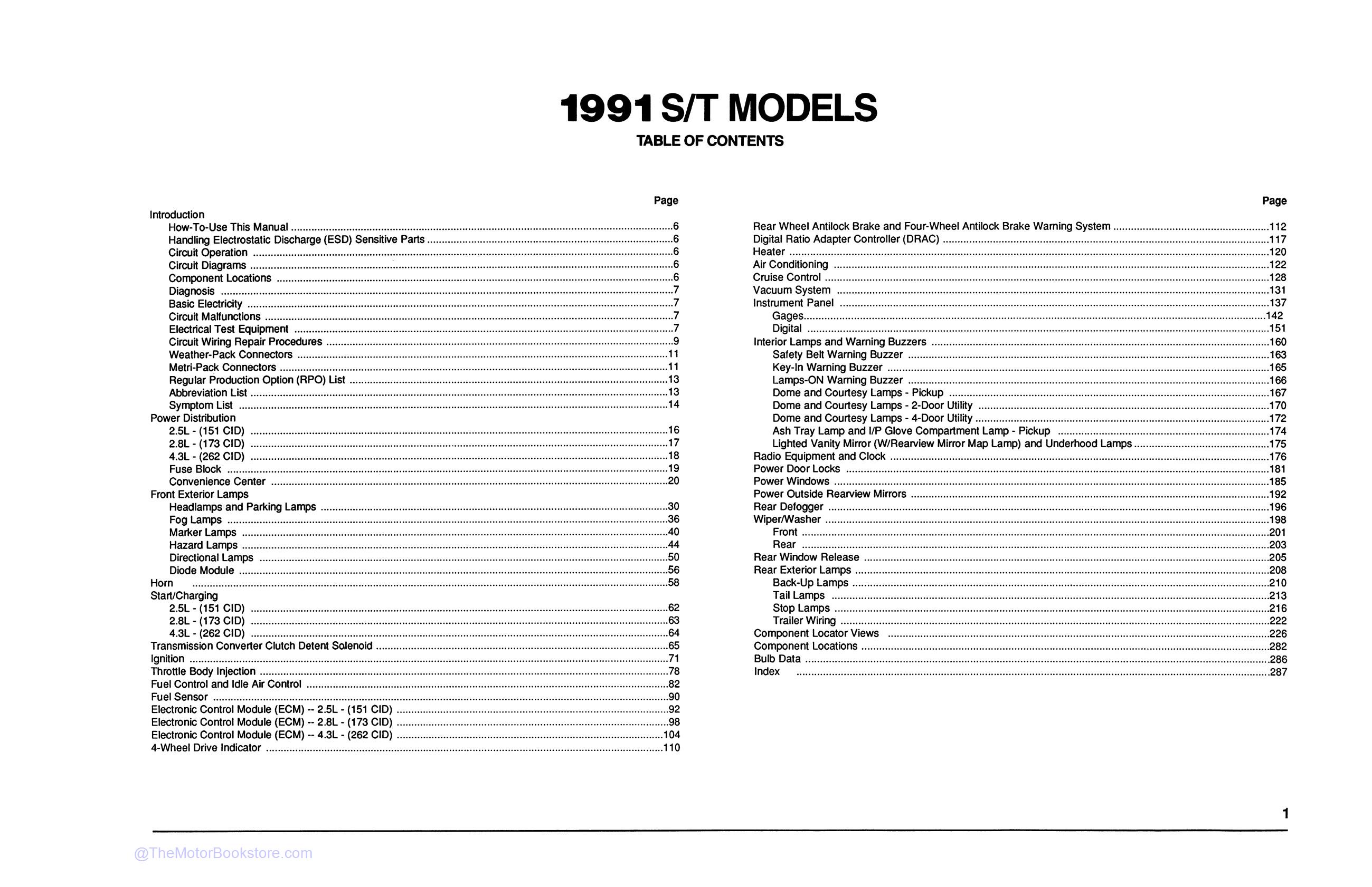 1991 Chevrolet S-10 Truck Electrical Diagnosis & Wiring Diagrams  - Table of Contents
