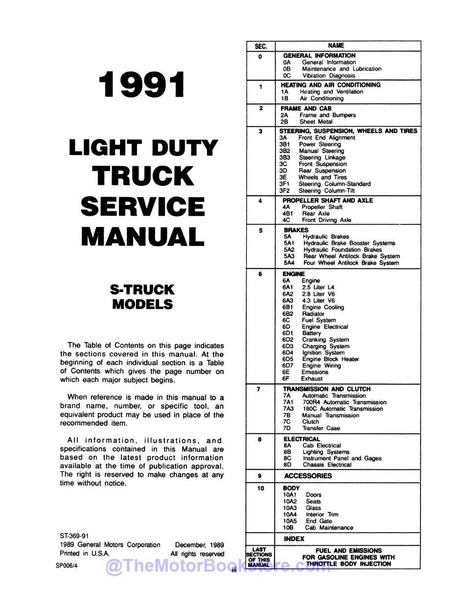 1991 Chevy S-10 Models Service Manual  - Table of Contents 1