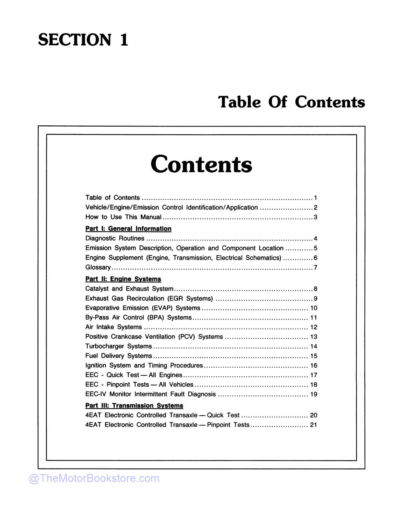 1991 Ford Engine / Emissions Diagnosis Shop Manual - Cars & Trucks  - Table of Contents 2