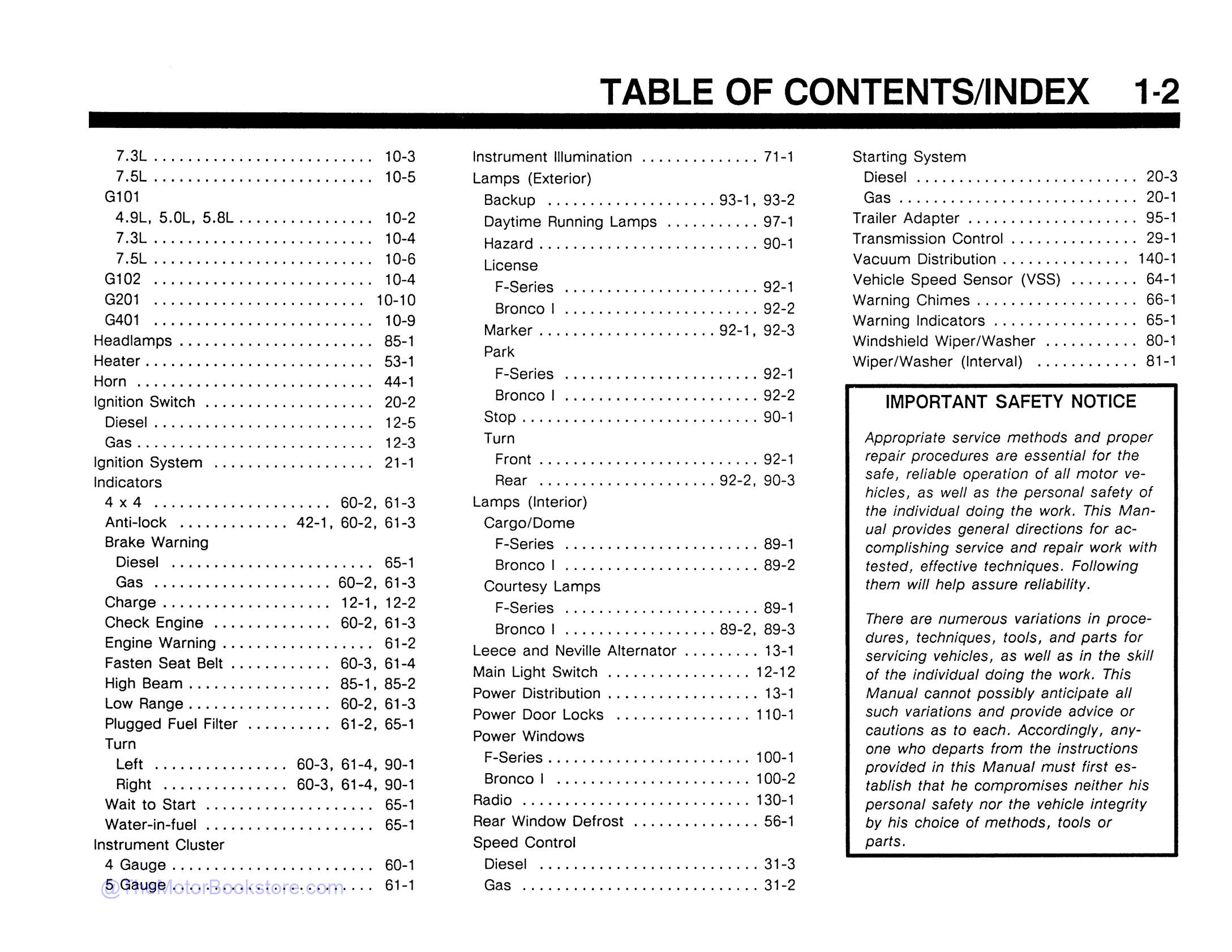 1991 Ford Truck / Bronco Electrical Troubleshooting Manual  - Table of Contents 2