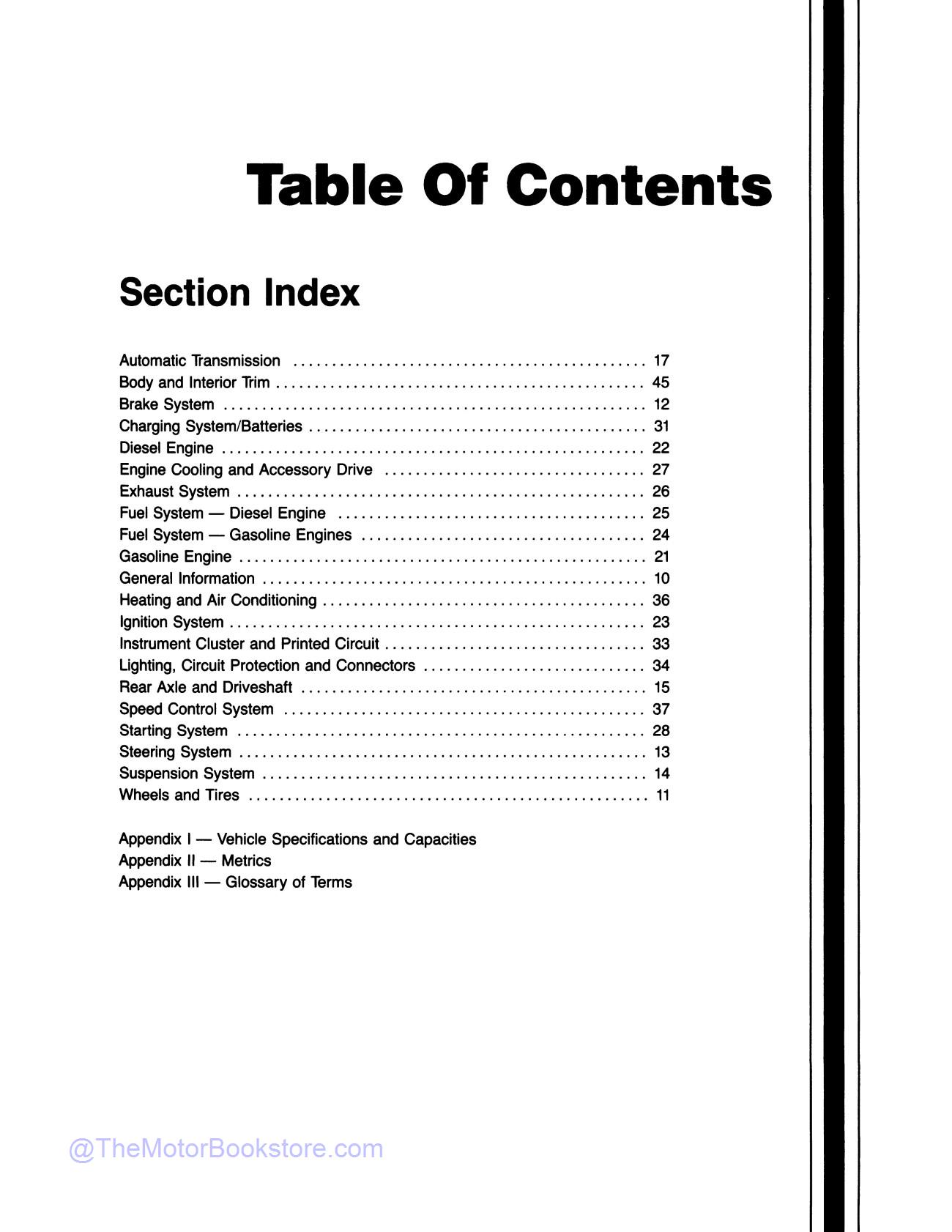 1991 Ford Motorhome Chassis Service Guide  - Table of Contents