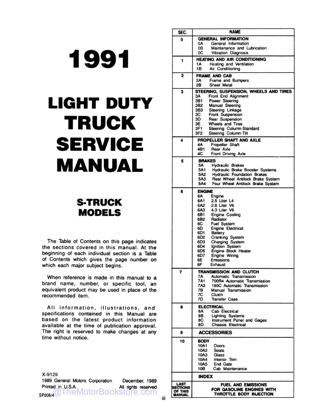 1991 GMC Sonoma Truck & S15 Jimmy Service Manual (S / T Series)  - Table of Contents