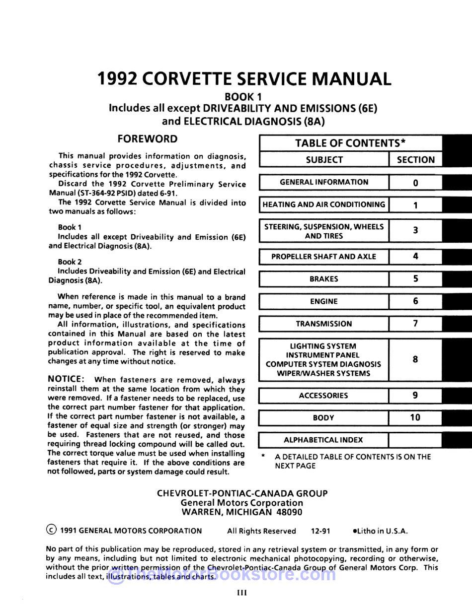 1992 Chevy Corvette Service Manual  - Table of Contents 1