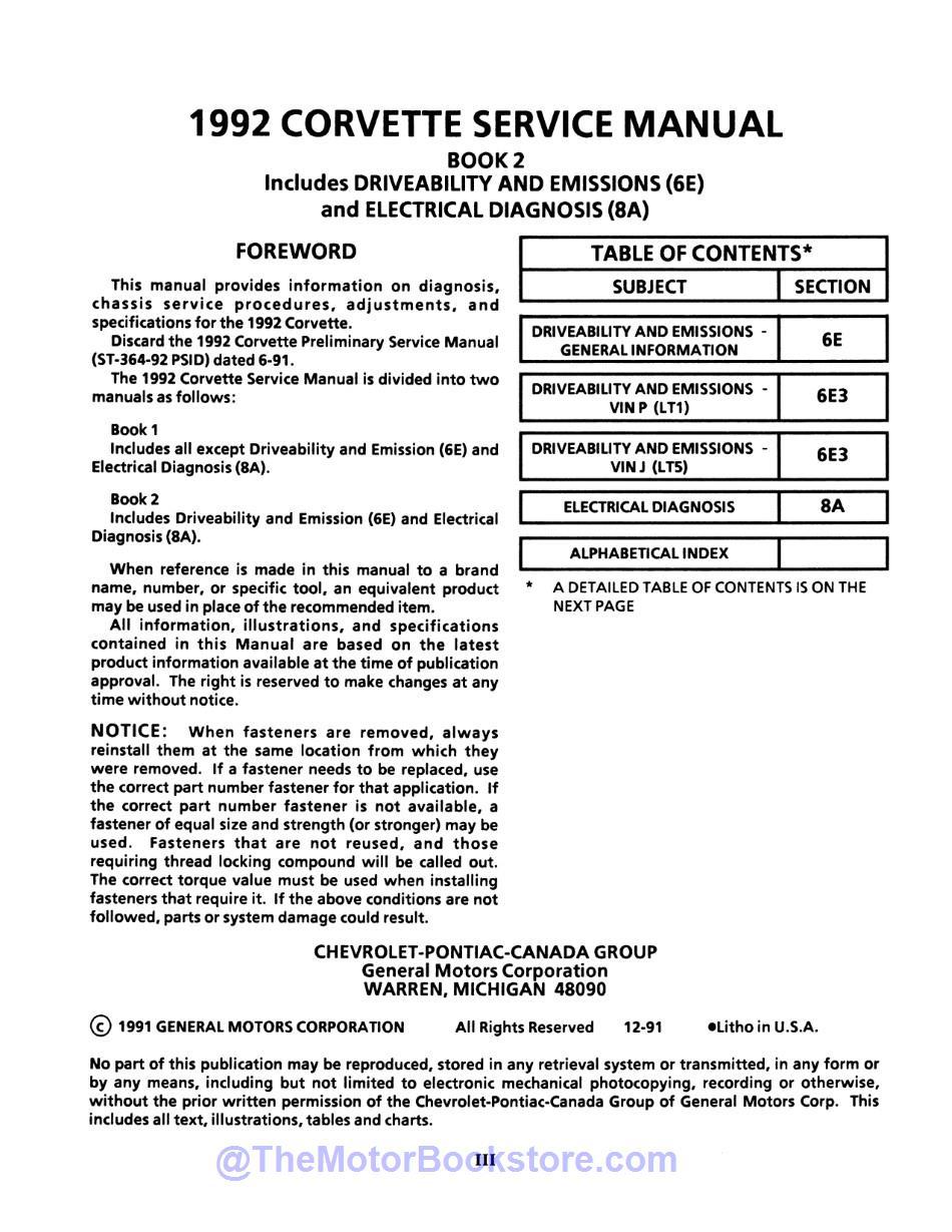 1992 Chevy Corvette Service Manual  - Table of Contents 2