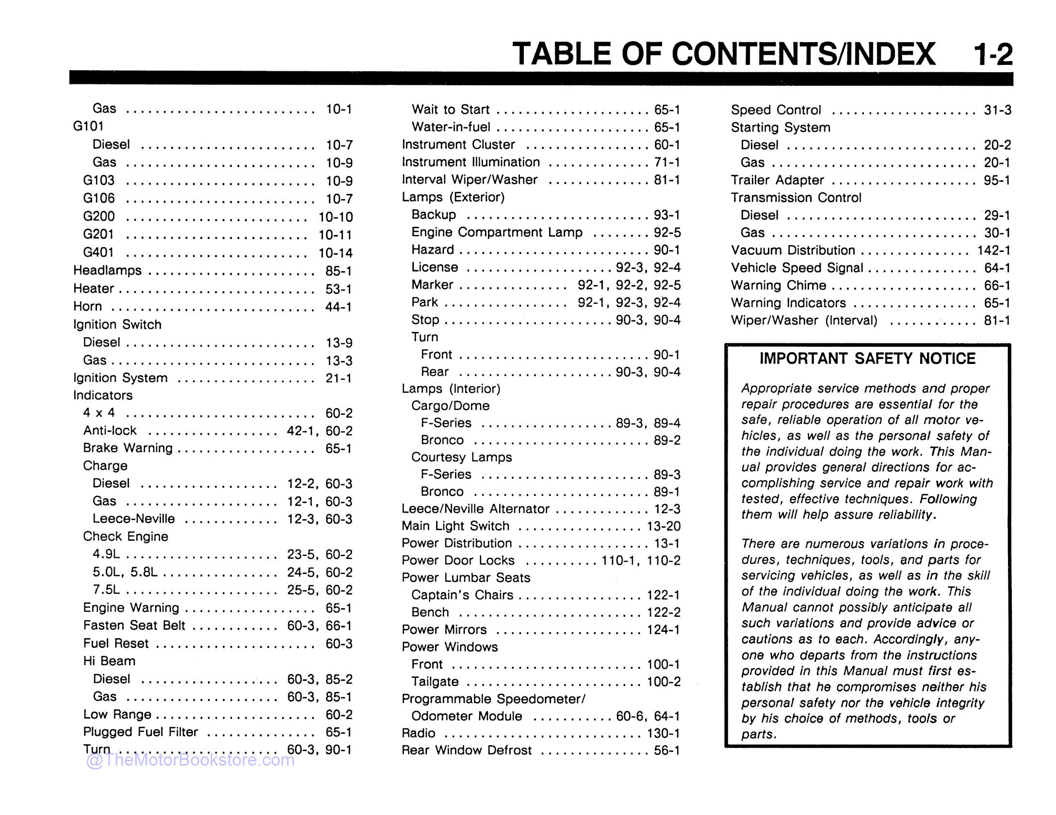 1992 Ford Truck Electrical Troubleshooting Manual - Bronco, F-150 - F-350  - Table of Contents 2