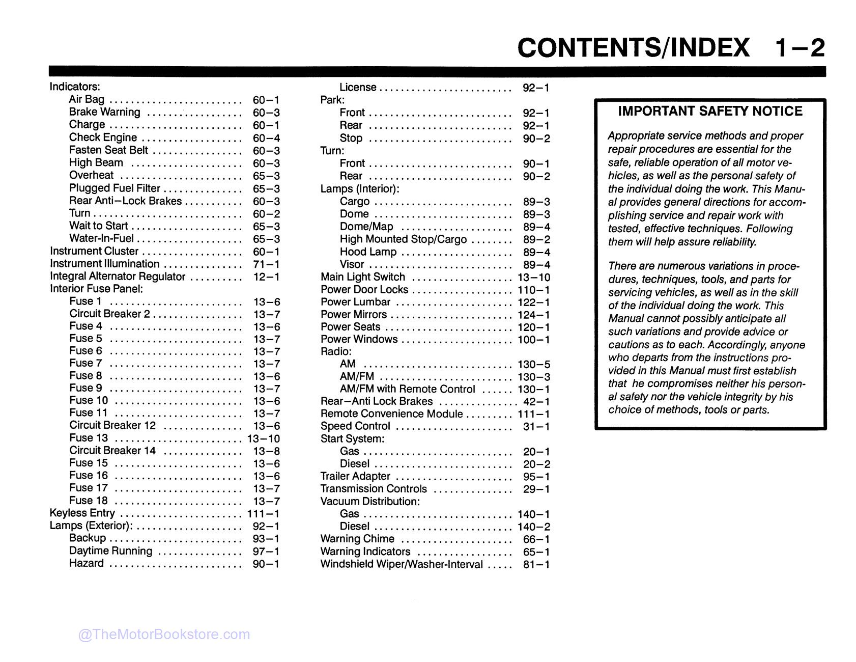 1992 Ford Econoline Electrical and Vacuum Troubleshooting Manual  - Table of Contents 2