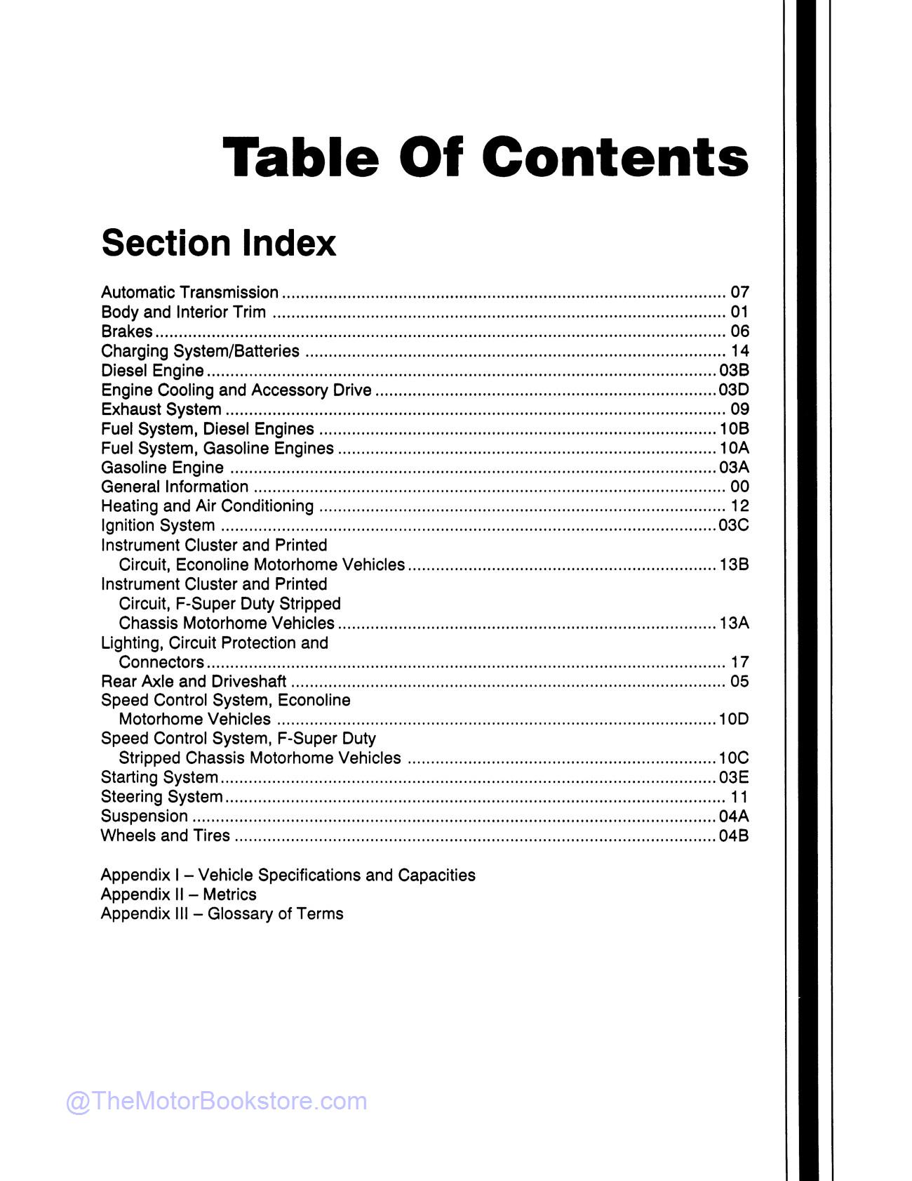 1992 Ford Motorhome Chassis Service Guide  - Table of Contents