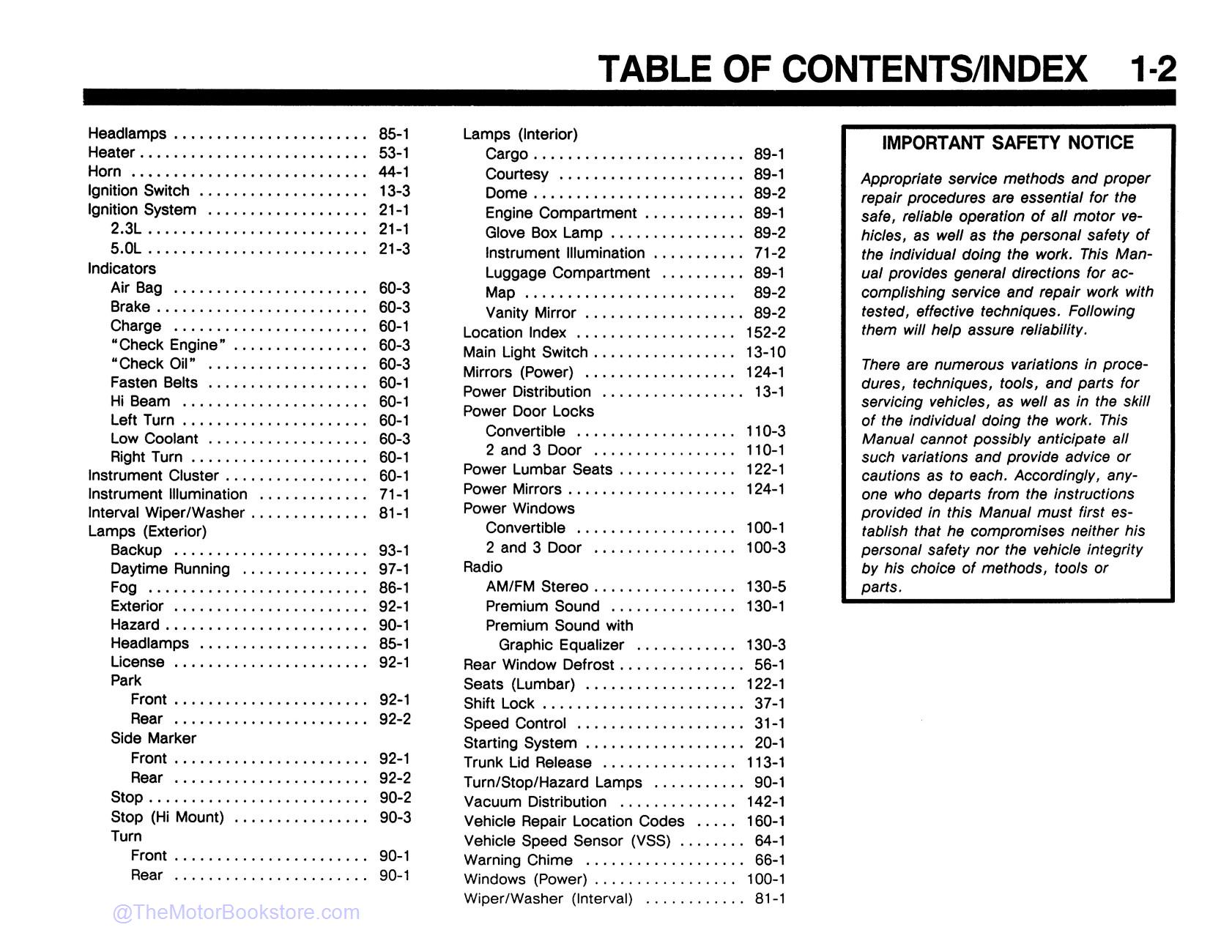 1992 Ford Mustang Electrical & Vacuum Troubleshooting Manual  - Table of Contents 2