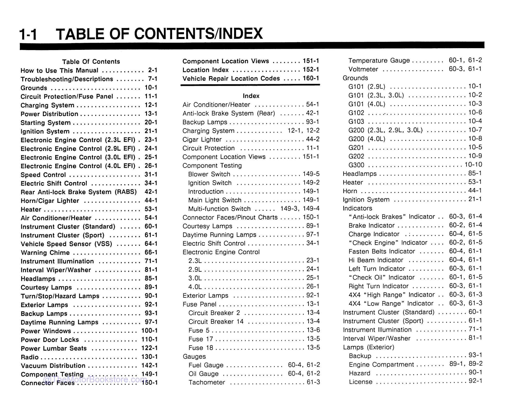 1992 Ford Ranger Electrical Troubleshooting Manual  - Table of Contents 1