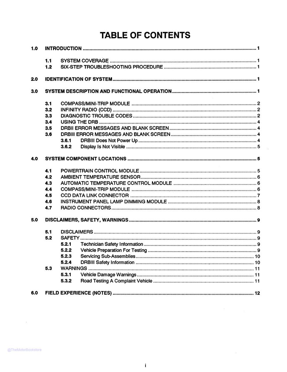 1993-95 Jeep Grand Cherokee Diagnostic Procedures Manual  - Table of Contents 1