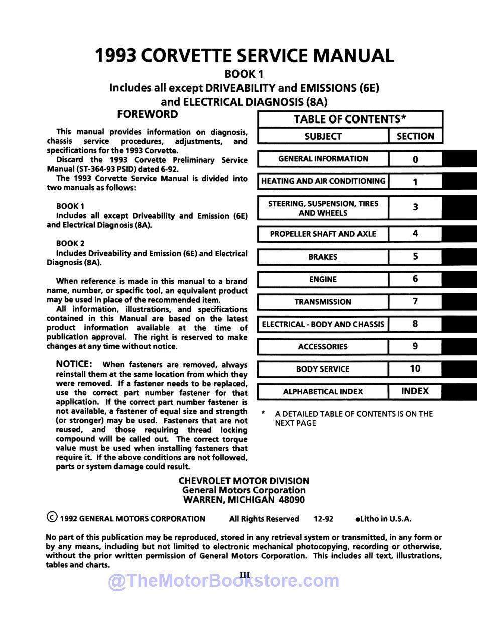 1993 Chevy Corvette Service Manual  - Table of Contents 1