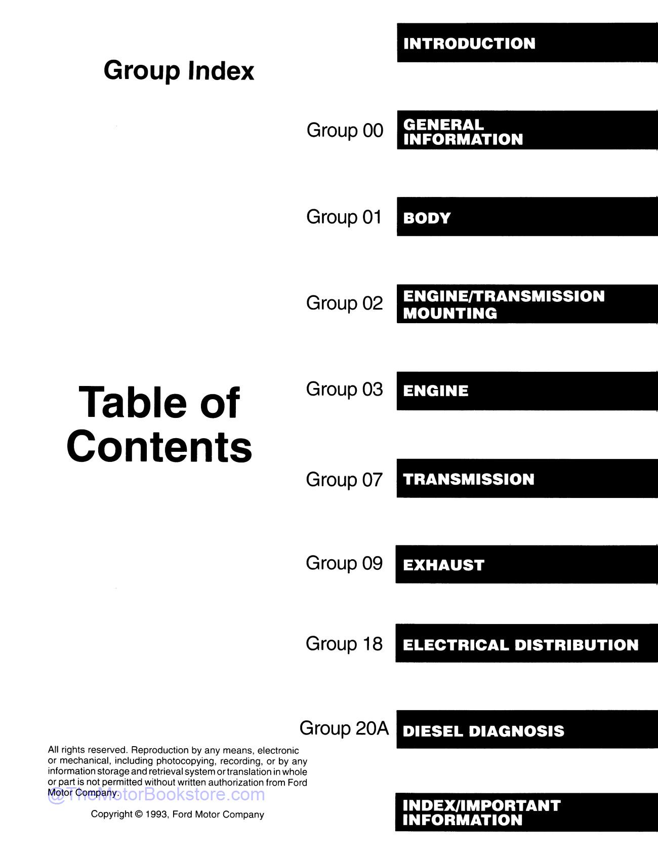 1993 Ford 7.3L IDI Turbo Diesel Service Manual Supplement  - Table of Contents