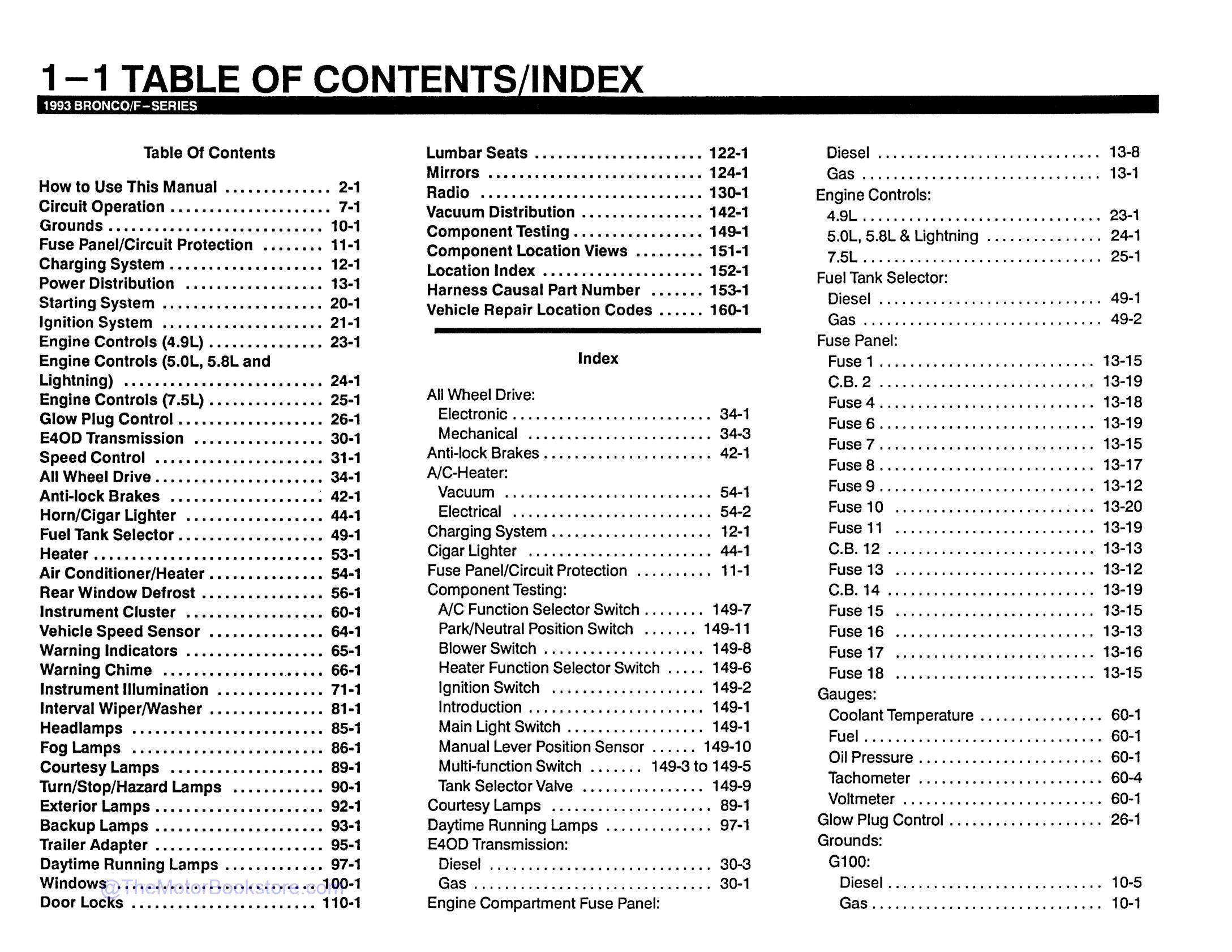 1993 Ford Truck Electrical Vacuum Troubleshooting Manual - Bronco, F150-F350, F-Super Duty  - Table of Contents 1