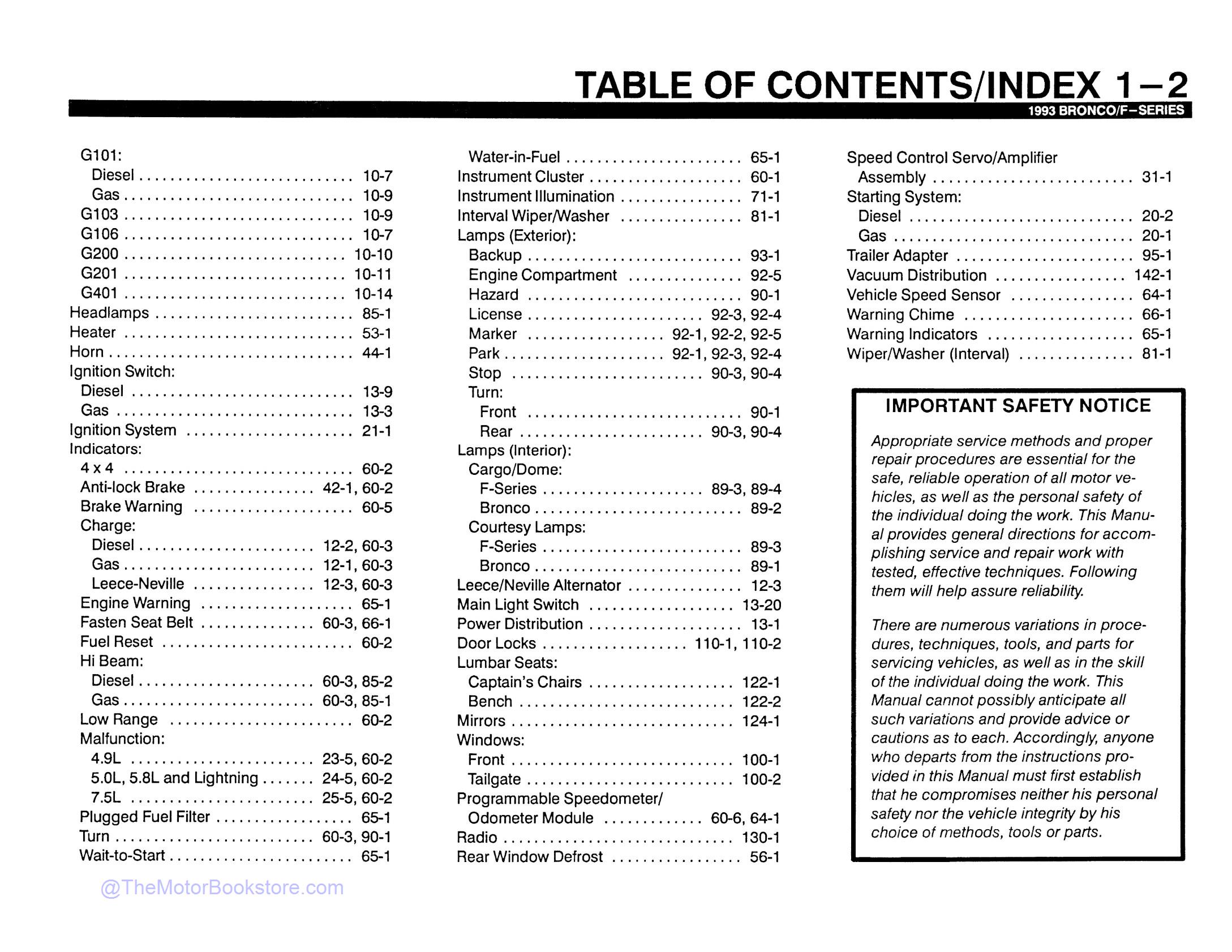 1993 Ford Truck Electrical Vacuum Troubleshooting Manual - Bronco, F150-F350, F-Super Duty  - Table of Contents 2