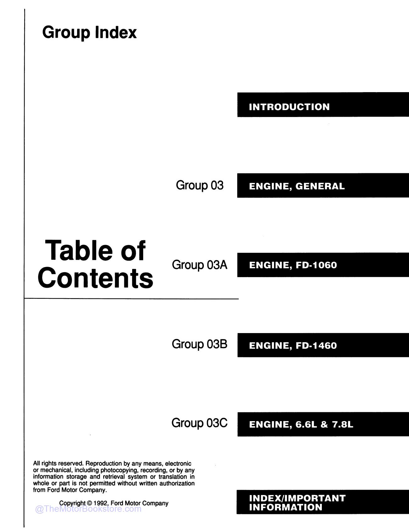 1993 Ford FD-1060, FD-1460, 6.6L, 7.8L Diesel Engine Service Manual  - Table of Contents