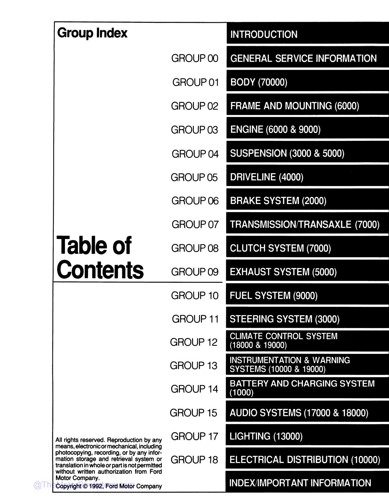 1993 Ford Mustang Service Manual  - Table of Contents