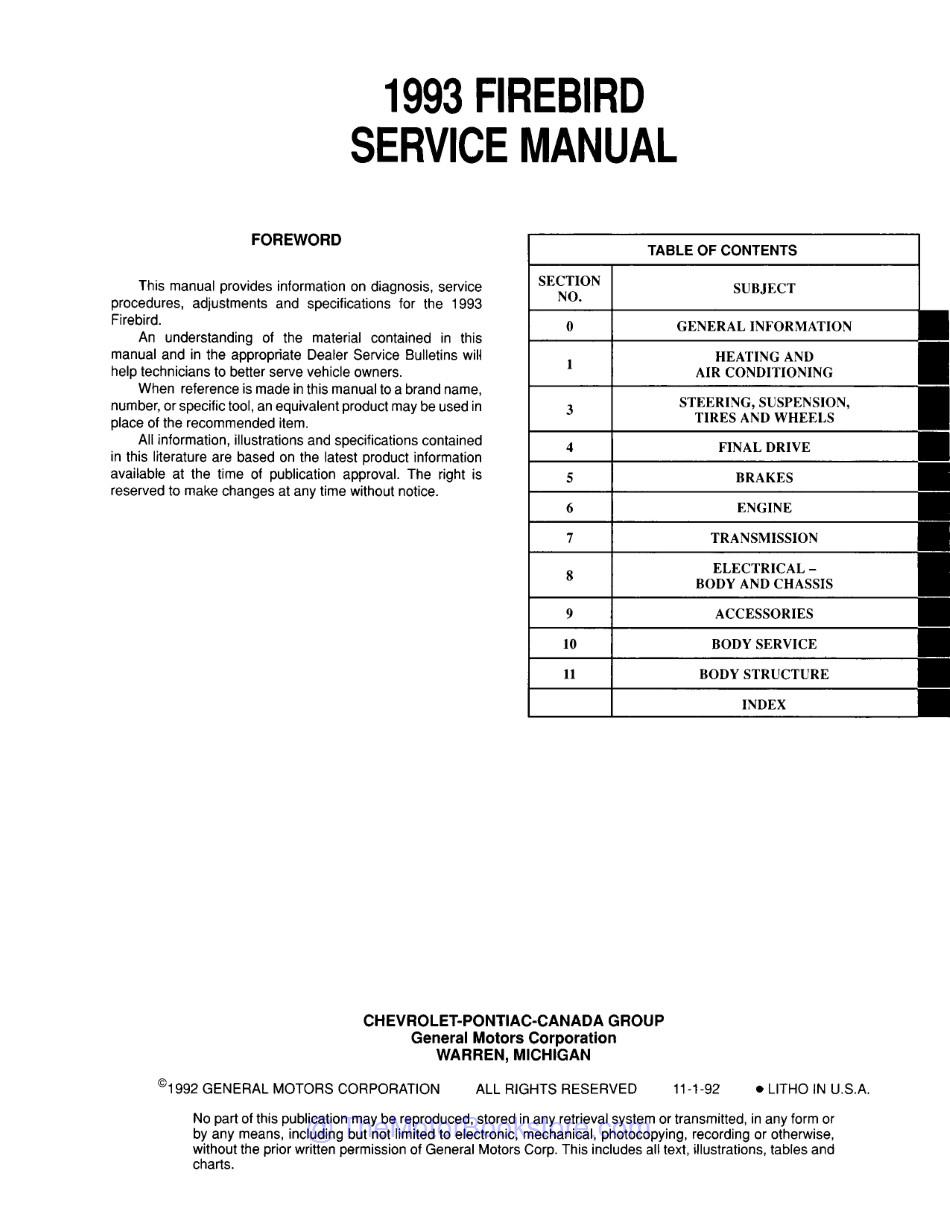 1993 Pontiac Firebird Service Manual  - Table of Contents 1