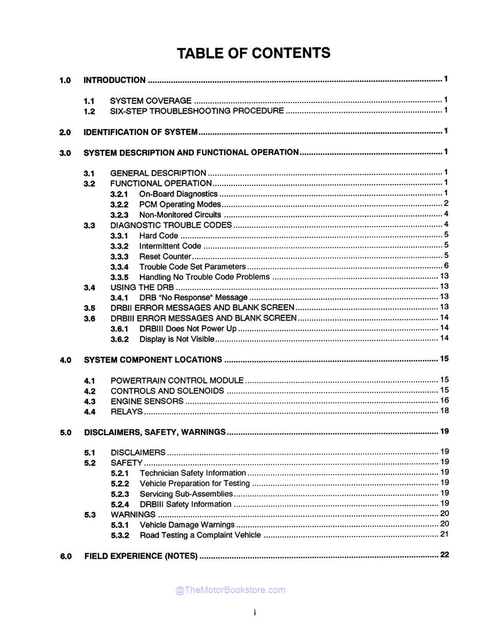 1994-95 5.9L Cummins Diesel Powertrain Diagnostic Manual  - Table of Contents 1