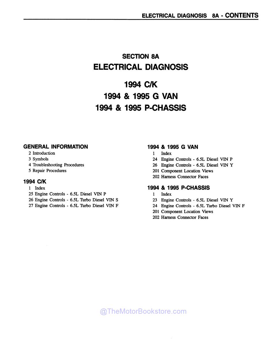 1994 - 1995 Chevrolet & GMC C / K Truck, G & P3 Van 6.5 Diesel Electrical Diagnosis Manual Supplement  - Table of Contents 1