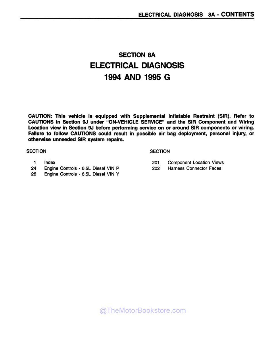 1994 - 1995 Chevrolet & GMC C / K Truck, G & P3 Van 6.5 Diesel Electrical Diagnosis Manual Supplement  - Table of Contents 2