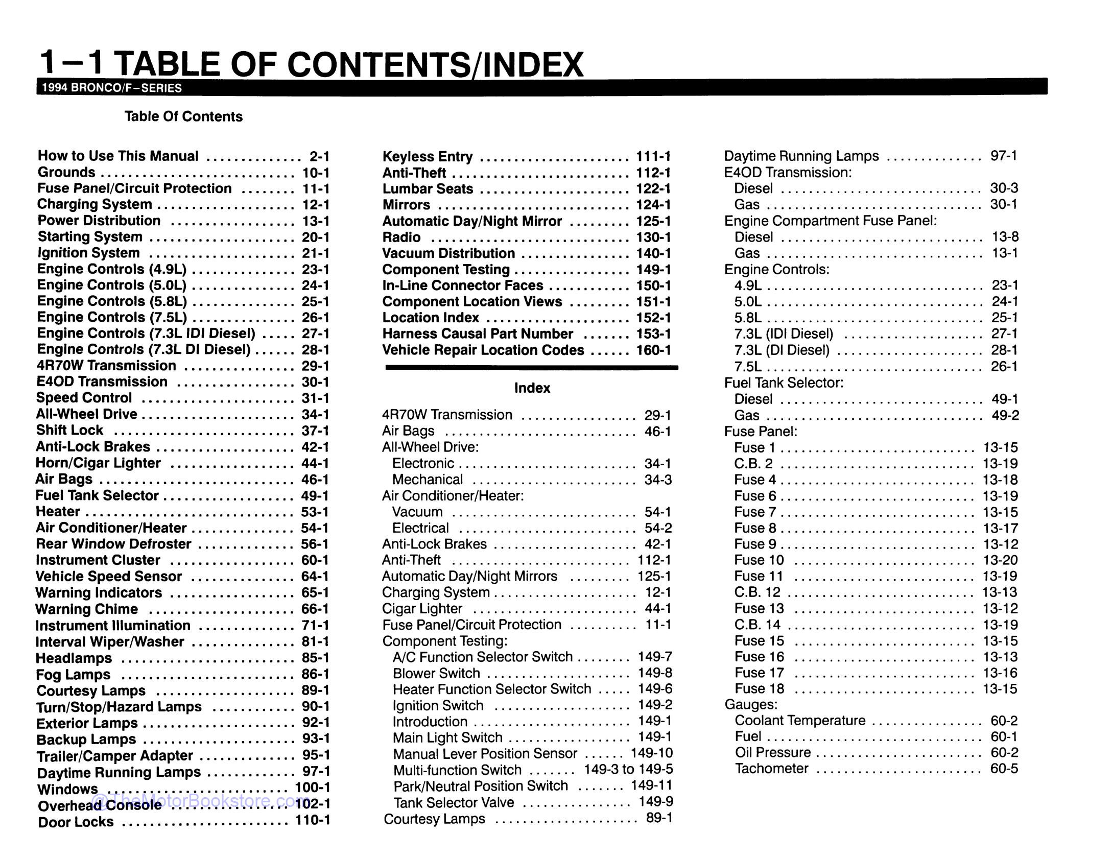 1994 Ford Truck Electrical Vacuum Troubleshooting Manual - F-Series, Bronco  - Table of Contents 1