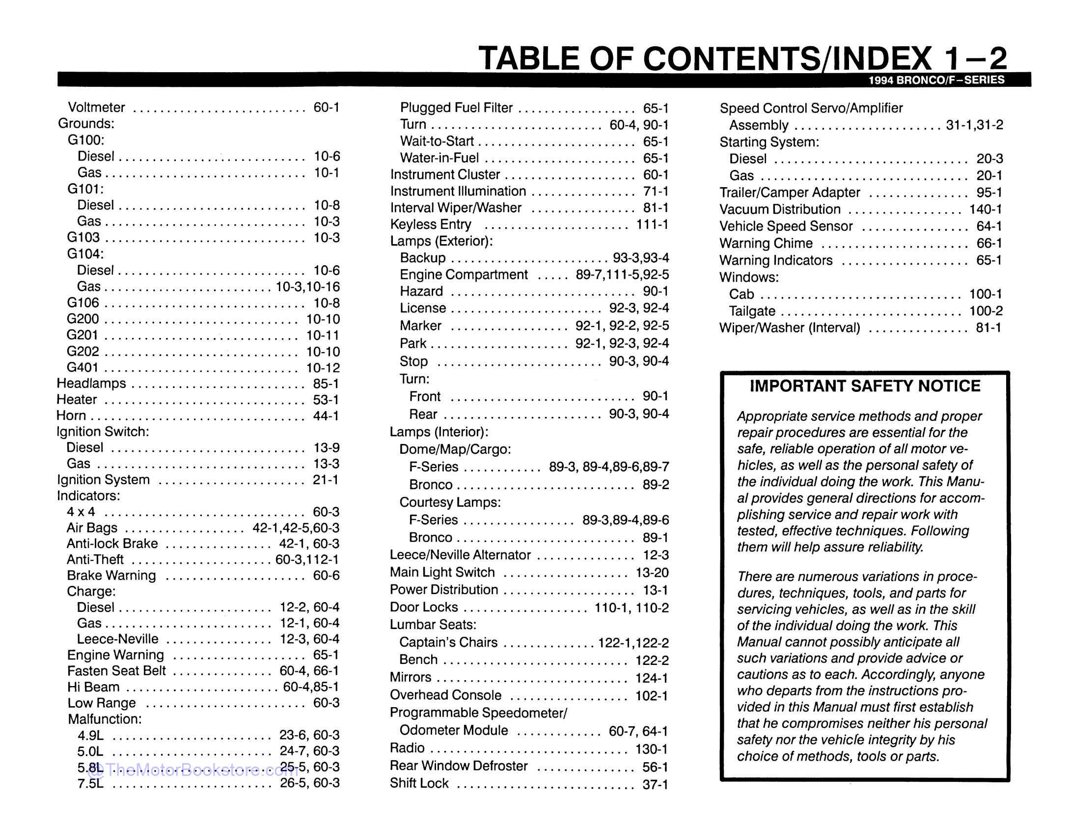 1994 Ford Truck Electrical Vacuum Troubleshooting Manual - F-Series, Bronco  - Table of Contents 2