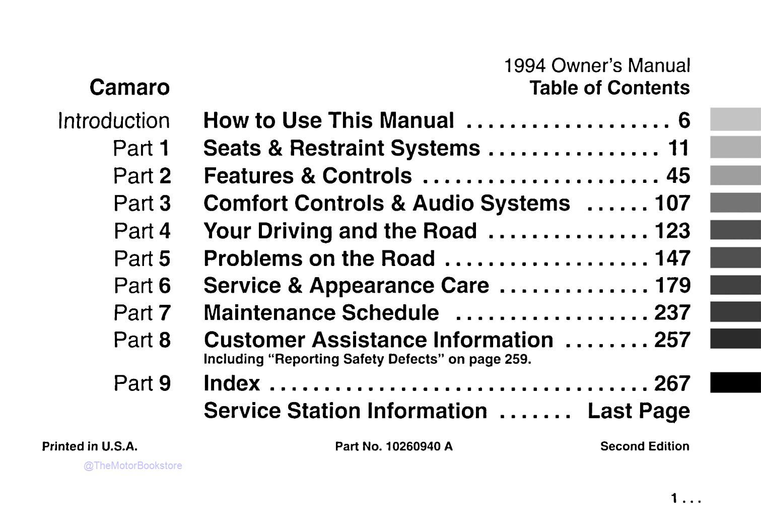 1994 Camaro Owner's Manual - Table of Contents 1994 Camaro Owner's Manual - Table of Contents