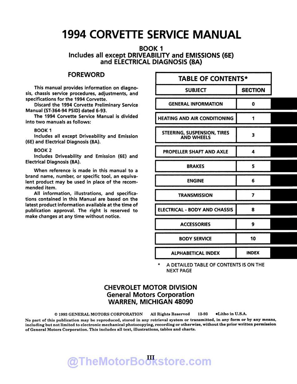 1994 Chevy Corvette Service Manual  - Table of Contents 1