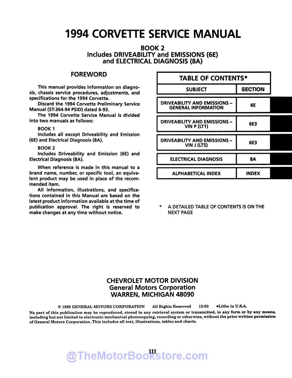 1994 Chevy Corvette Service Manual  - Table of Contents 2