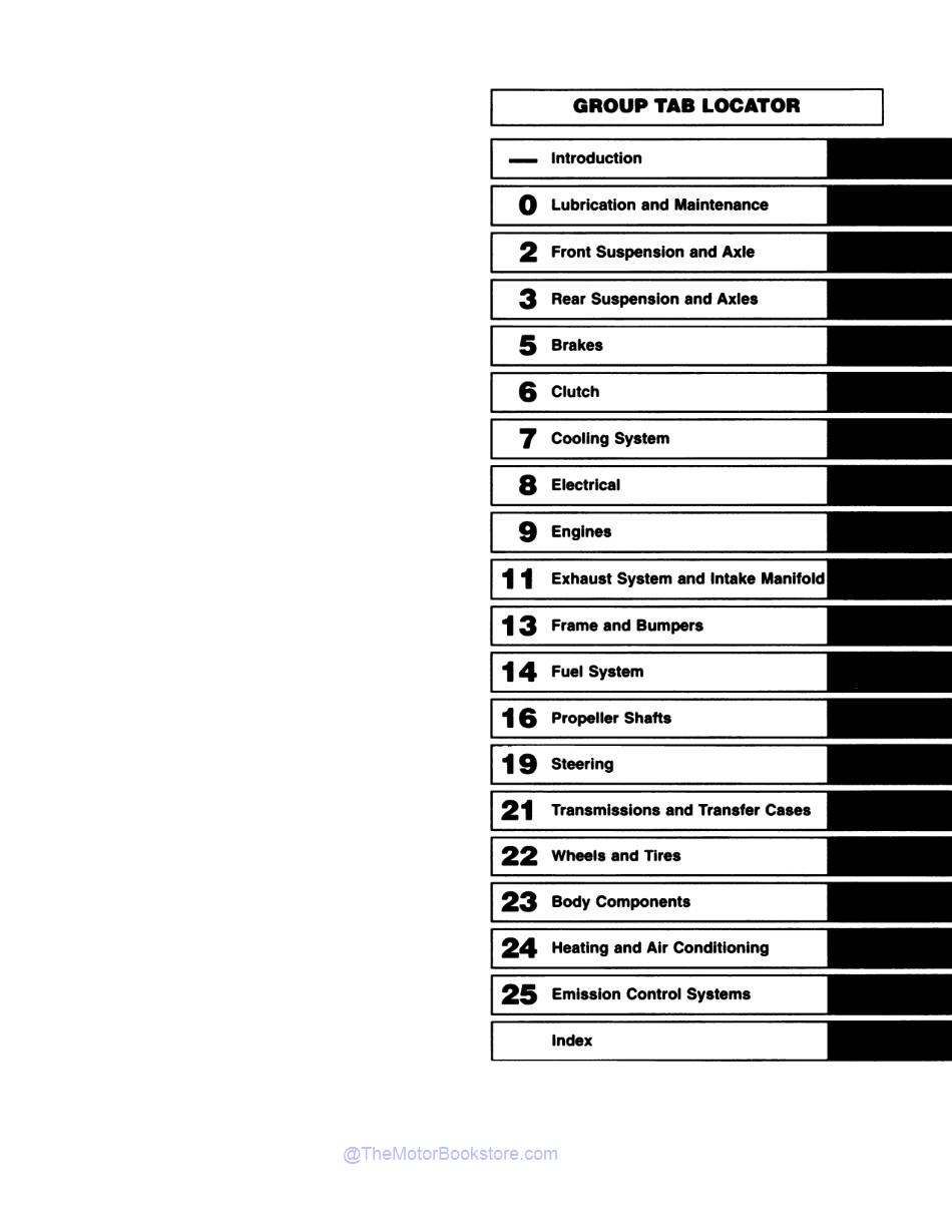 1994 Dodge Dakota Truck Shop Manual - OEM  - Table of Contents