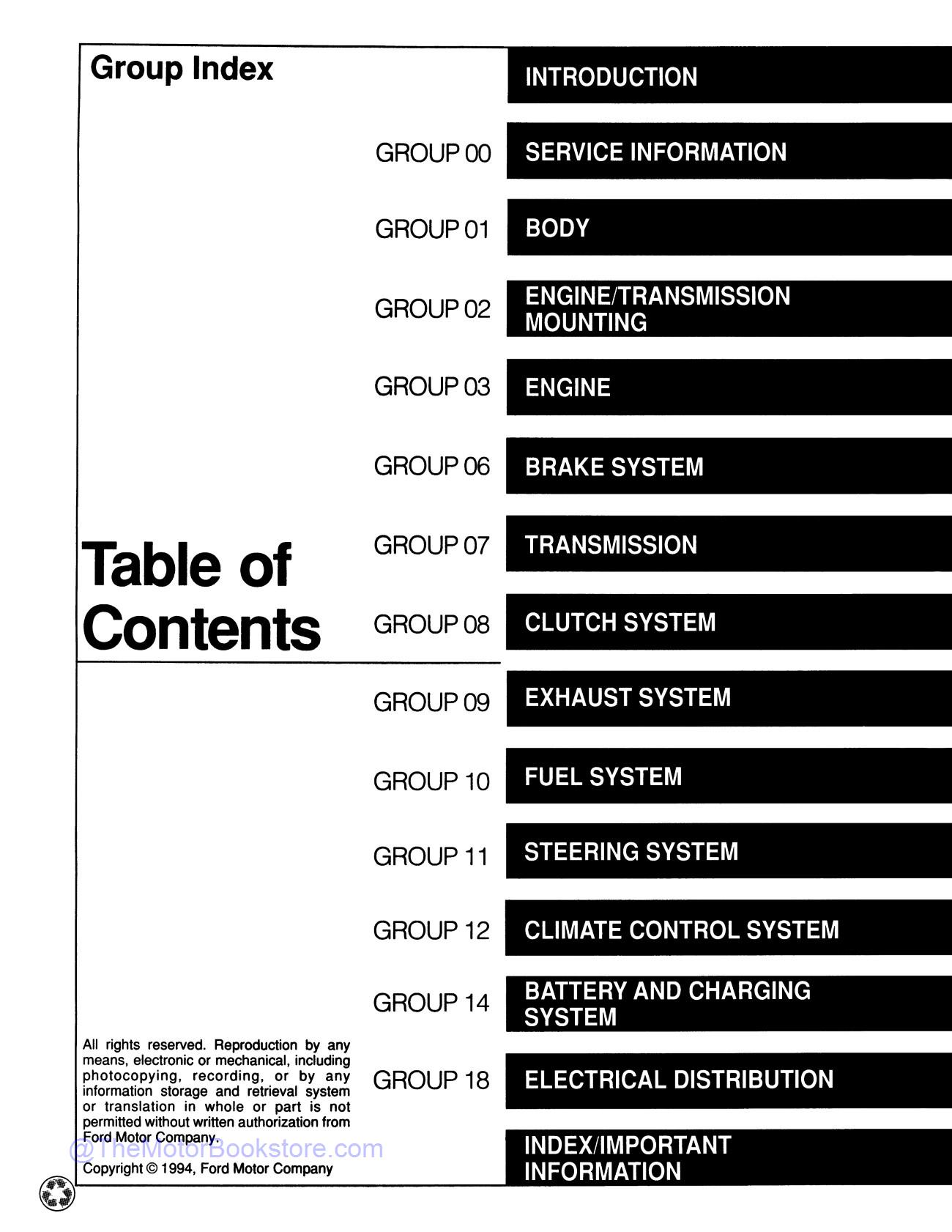 1994 Ford 7.3L DI Turbo Diesel Service Manual Supplement  - Table of Contents