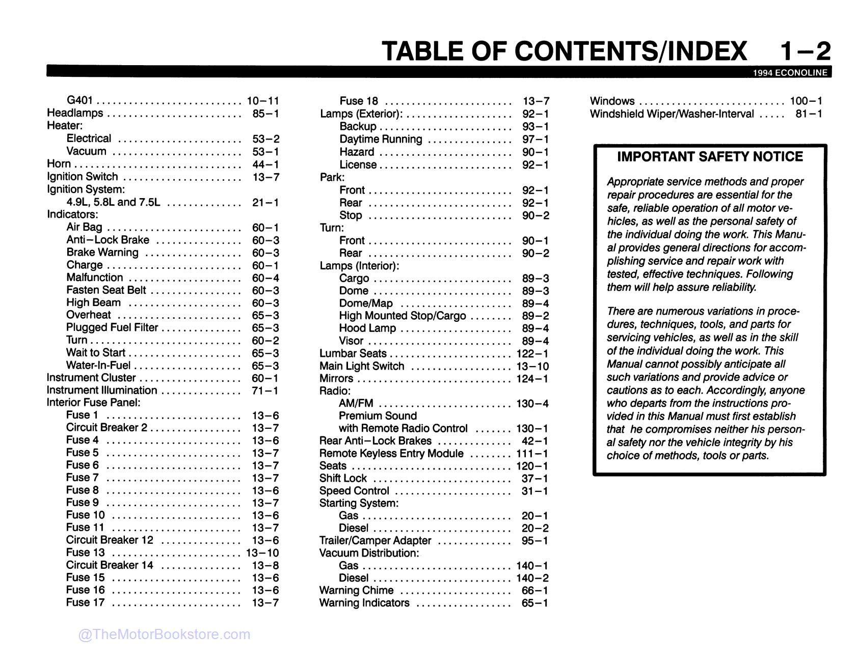 1994 Ford Econoline Electrical and Vacuum Troubleshooting Manual  - Table of Contents 2