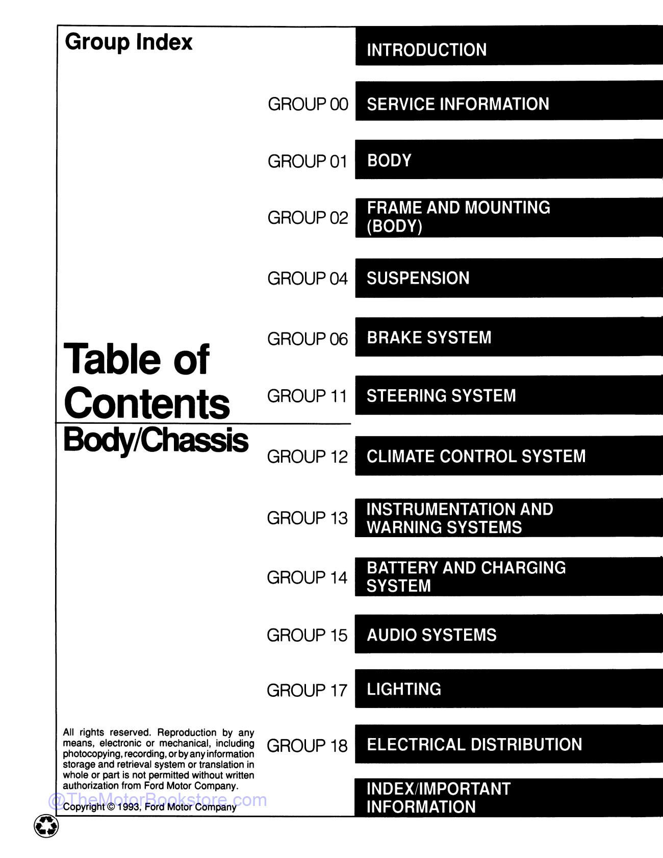 1994 Ford Truck Service Manual - F-150-350, F-Super Duty, Bronco, & Econoline  - Table of Contents 1
