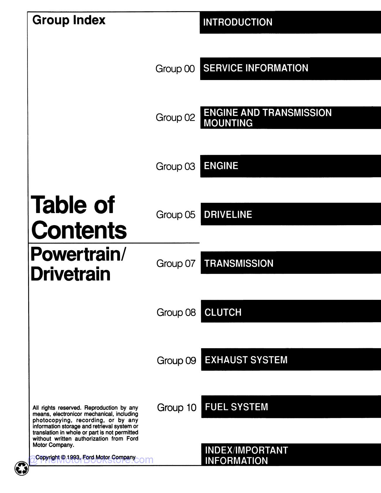 1994 Ford Truck Service Manual - F-150-350, F-Super Duty, Bronco, & Econoline  - Table of Contents 2