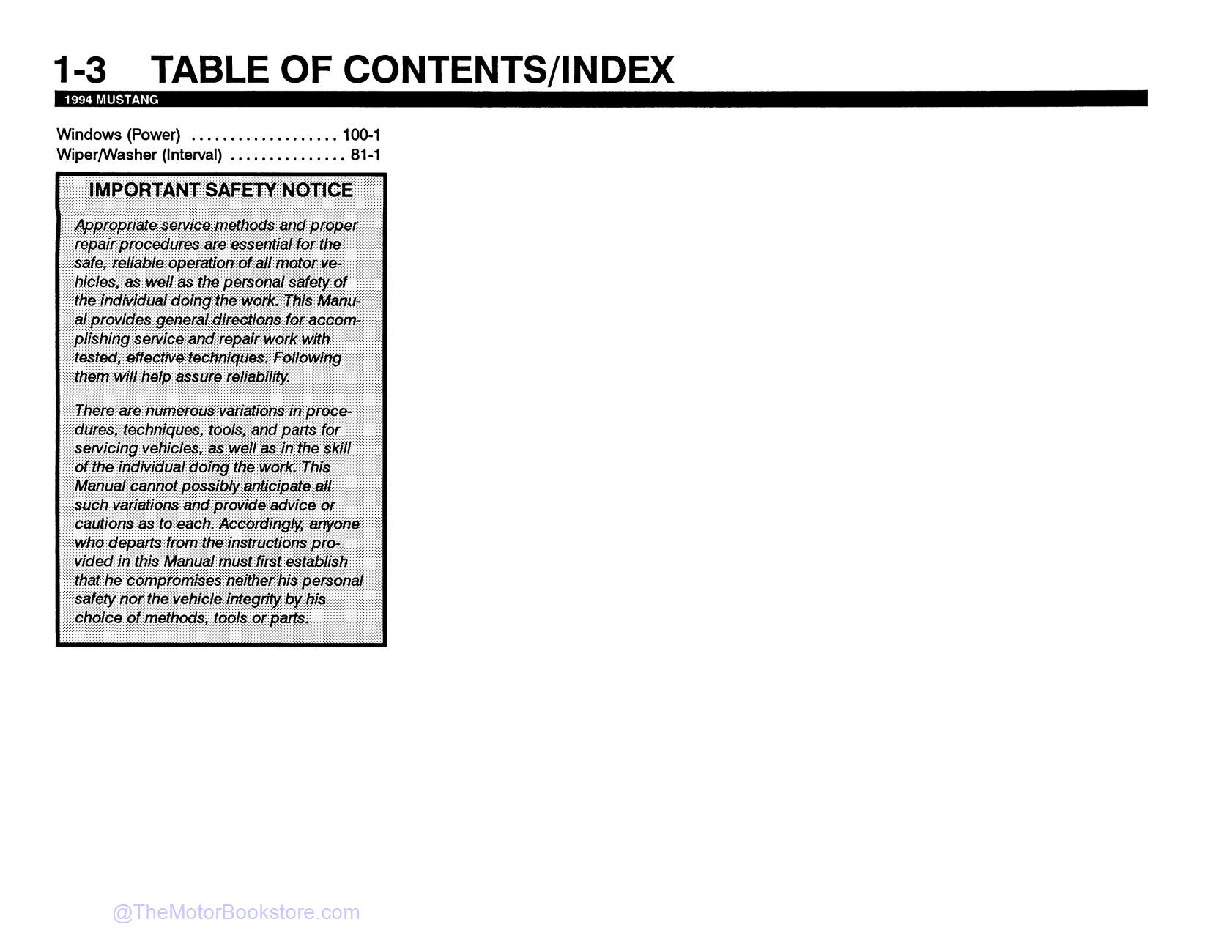 1994 Ford Mustang Electrical & Vacuum Troubleshooting Manual  - Table of Contents 3