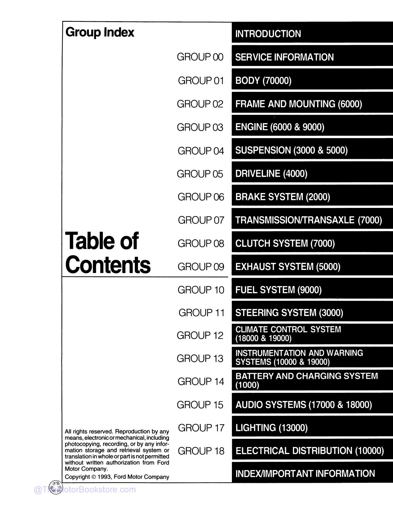 1994 Ford Mustang Service Manual  - Table of Contents