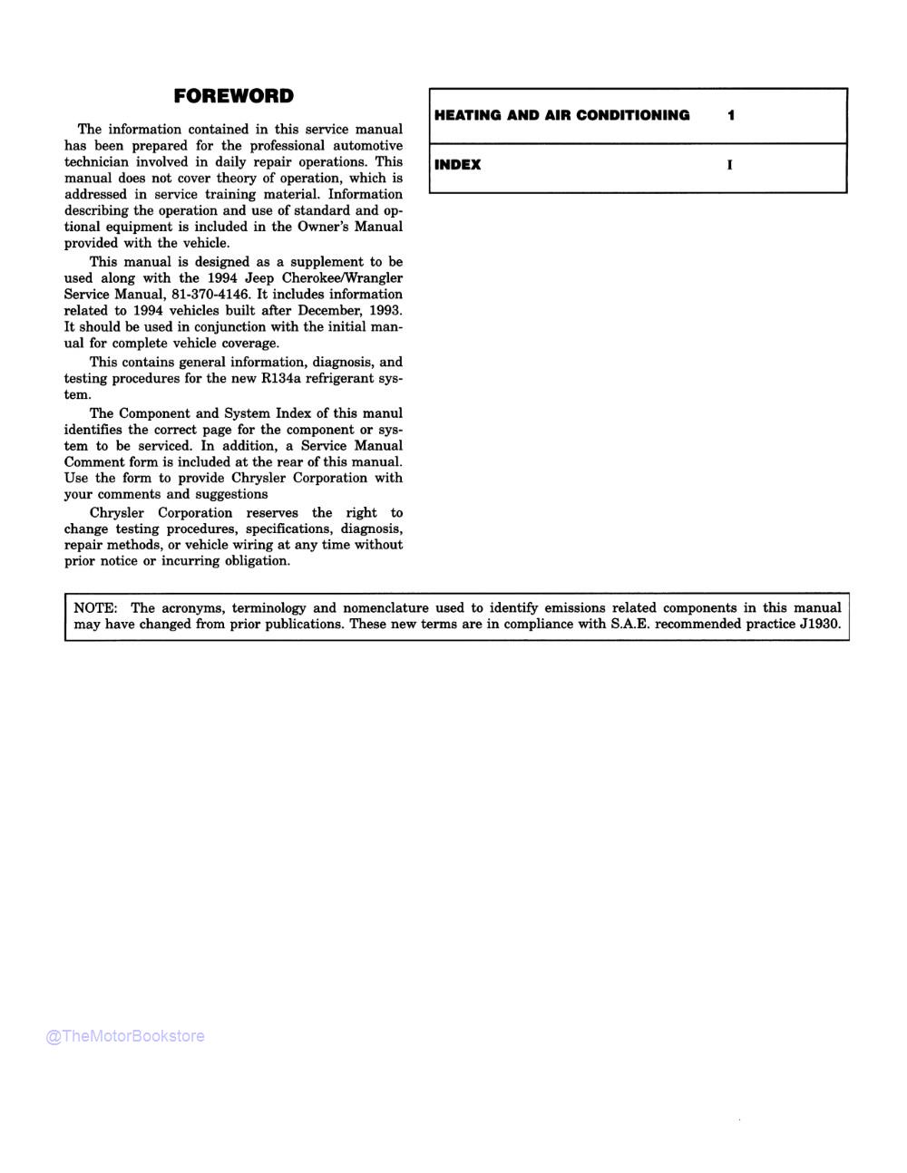 1994 Jeep Cherokee & Wrangler Shop Manual - Sample Page 1