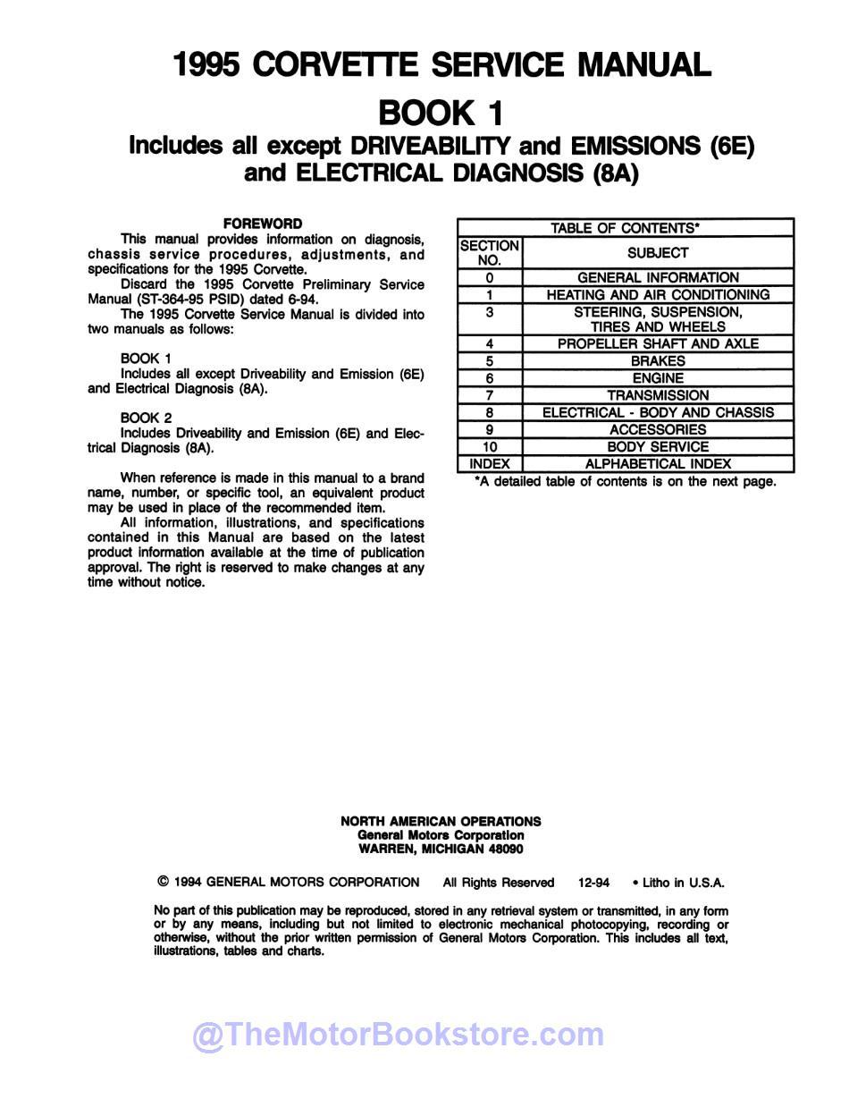 1995 Chevy Corvette Service Manual  - Table of Contents 1